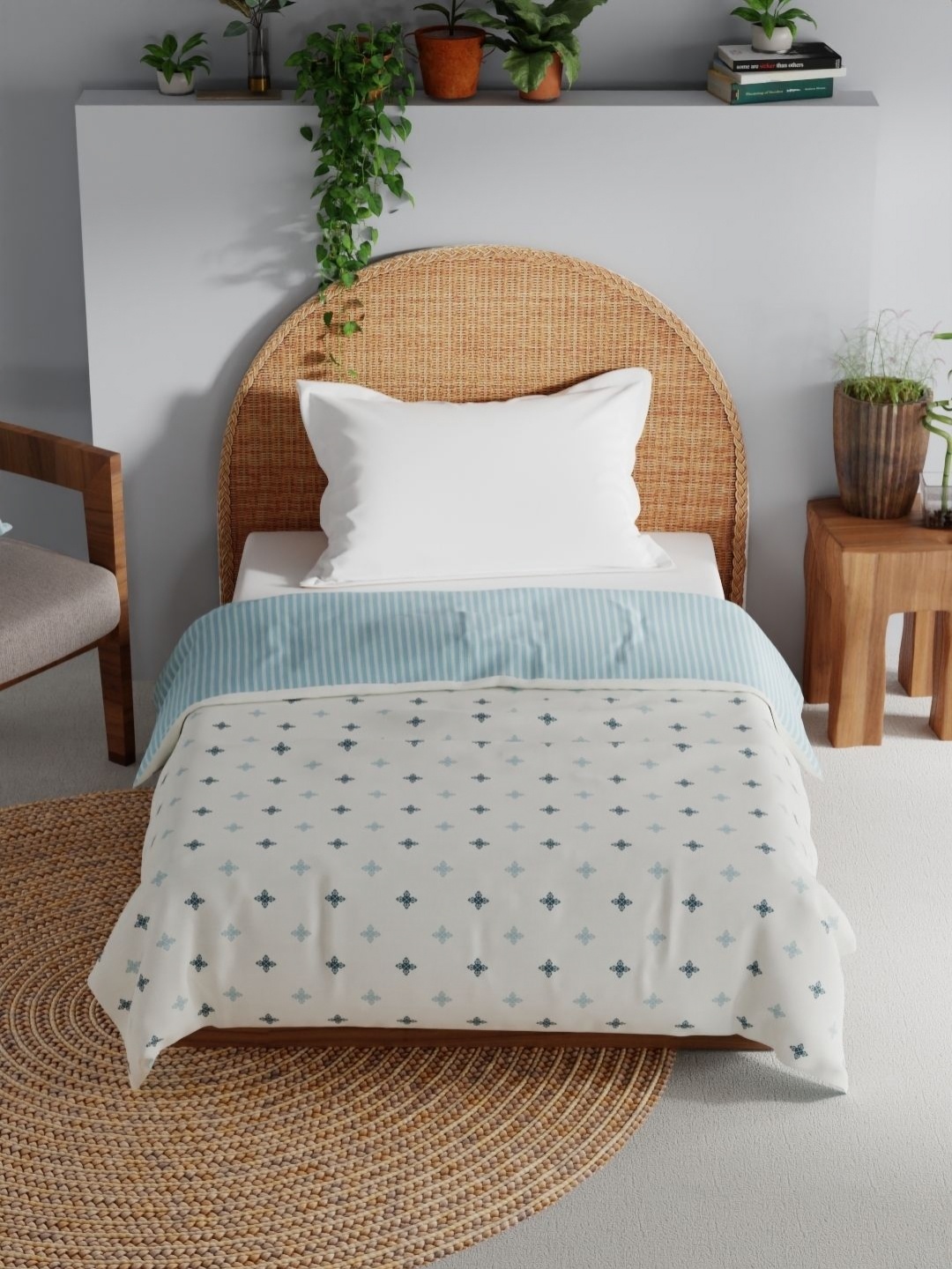 

BIANCA Off White & Blue Floral Pure Cotton AC Room 150 GSM Single Bed Dohar