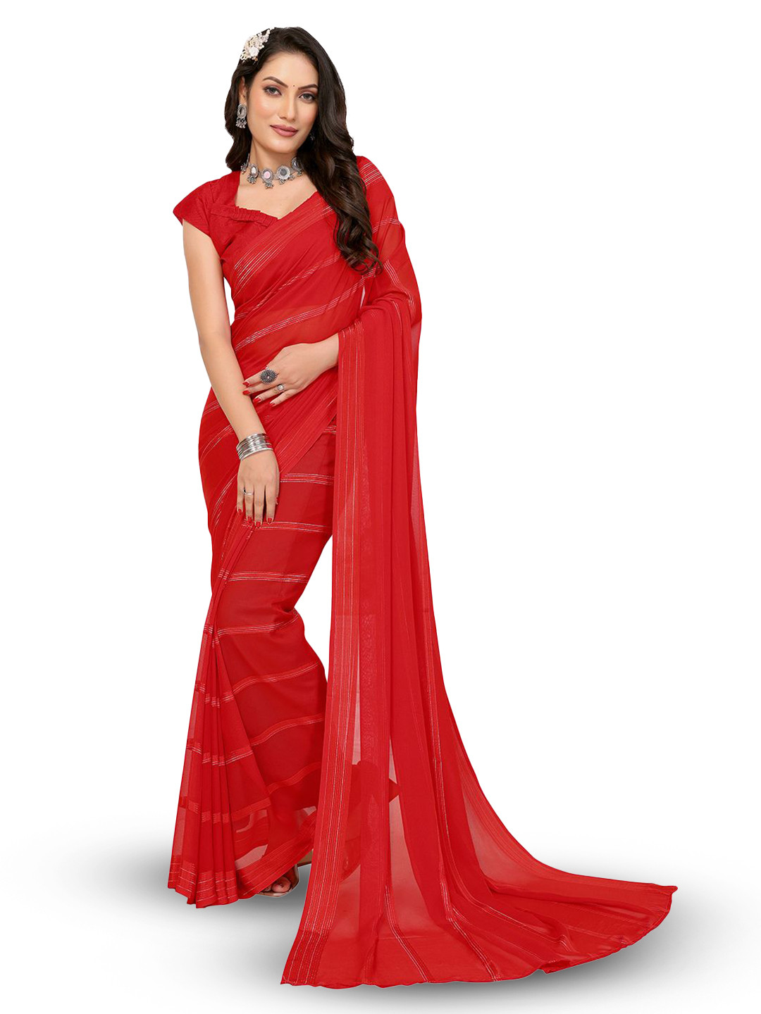 

Moda Rapido Striped Satin Saree, Red