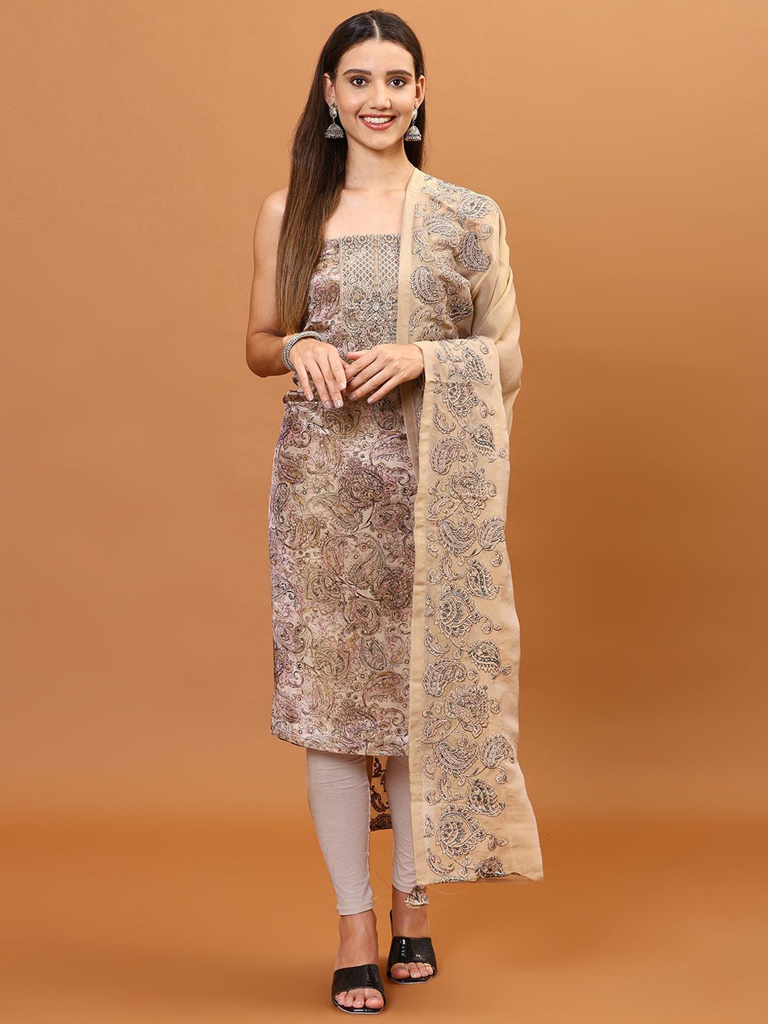 

Meena Bazaar Printed & Thread Embroidery Tissue Unstitched Dress Material, Beige