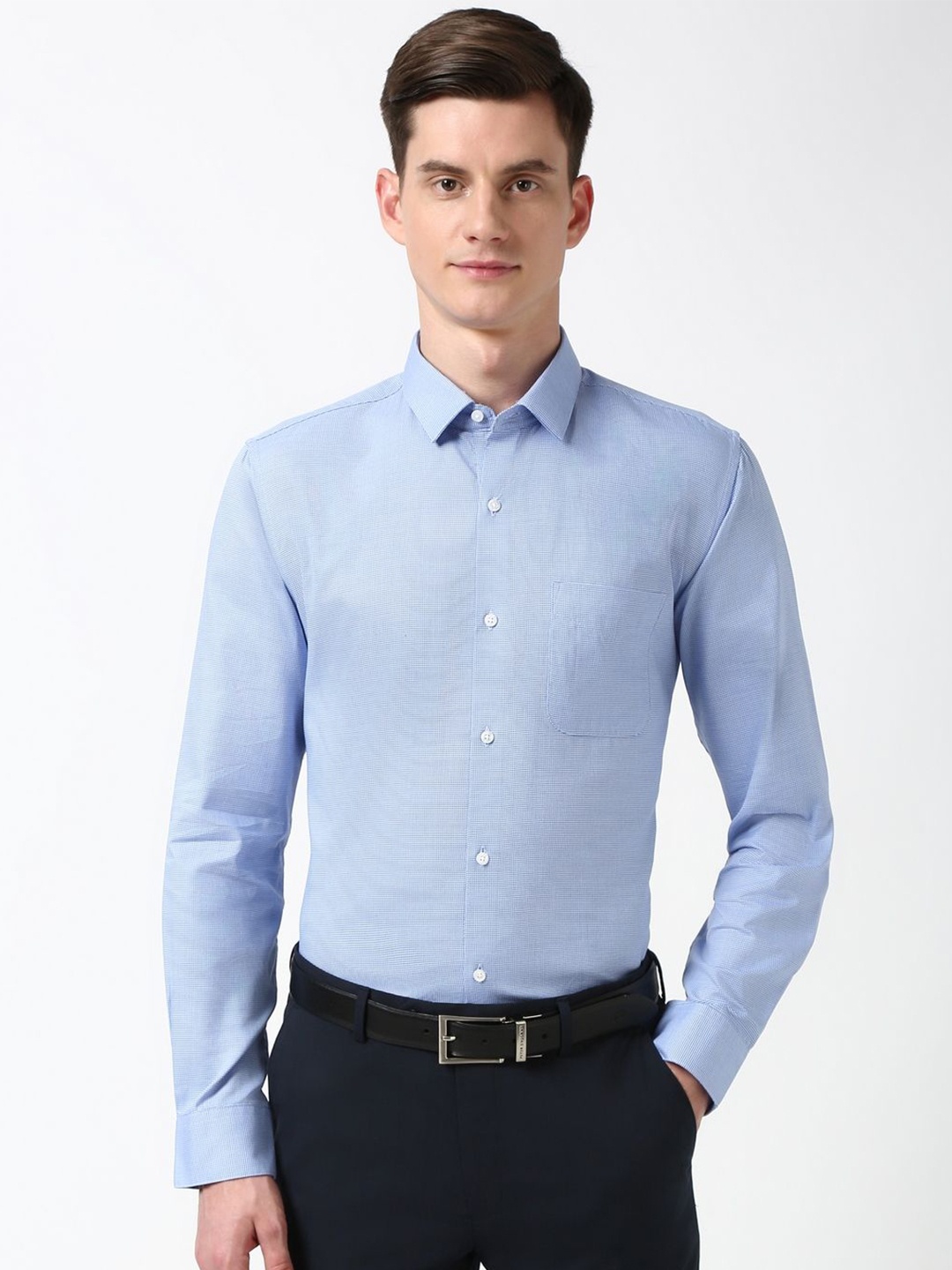 

Peter England Men Spread Collar Solid Cotton Slim Fit Formal Shirt, Blue