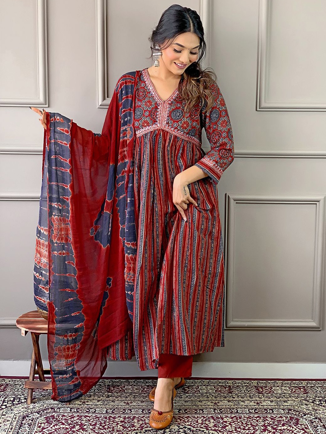 

BHUMIKA CREATION Floral Embroidered A-Line Kurta With Trouser & Dupatta, Maroon