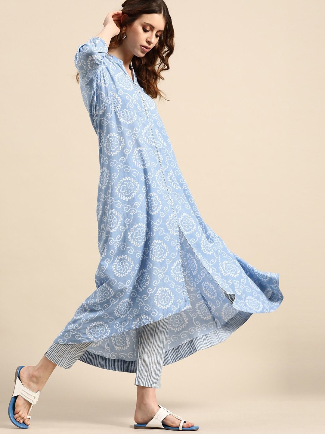 

Anouk Blue Bandhani Printed Pure Cotton A-Line Kurta With Trouser & Jacket