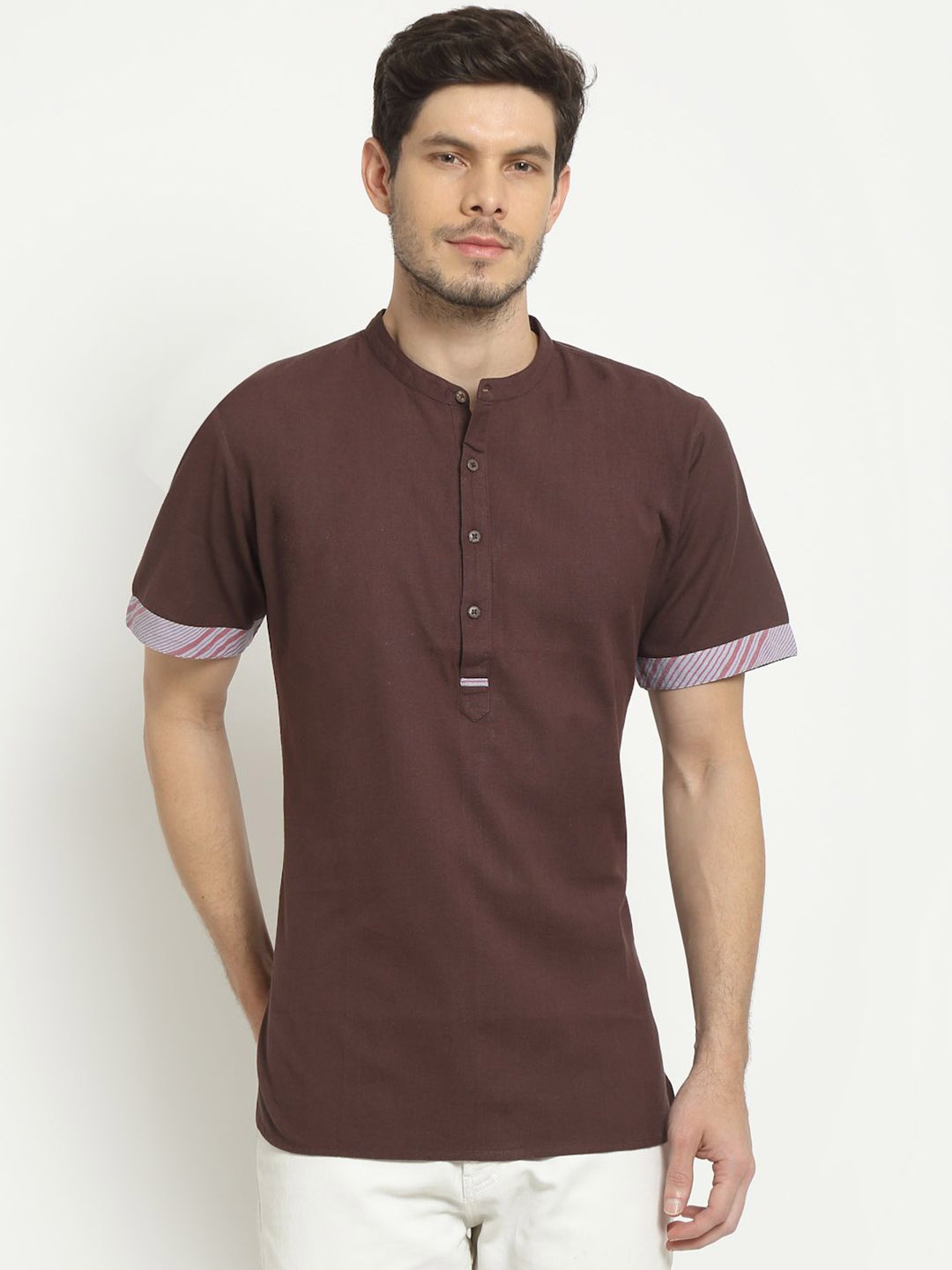 

Ekmatra Mandarin Collar Pure Cotton Short Kurta, Brown