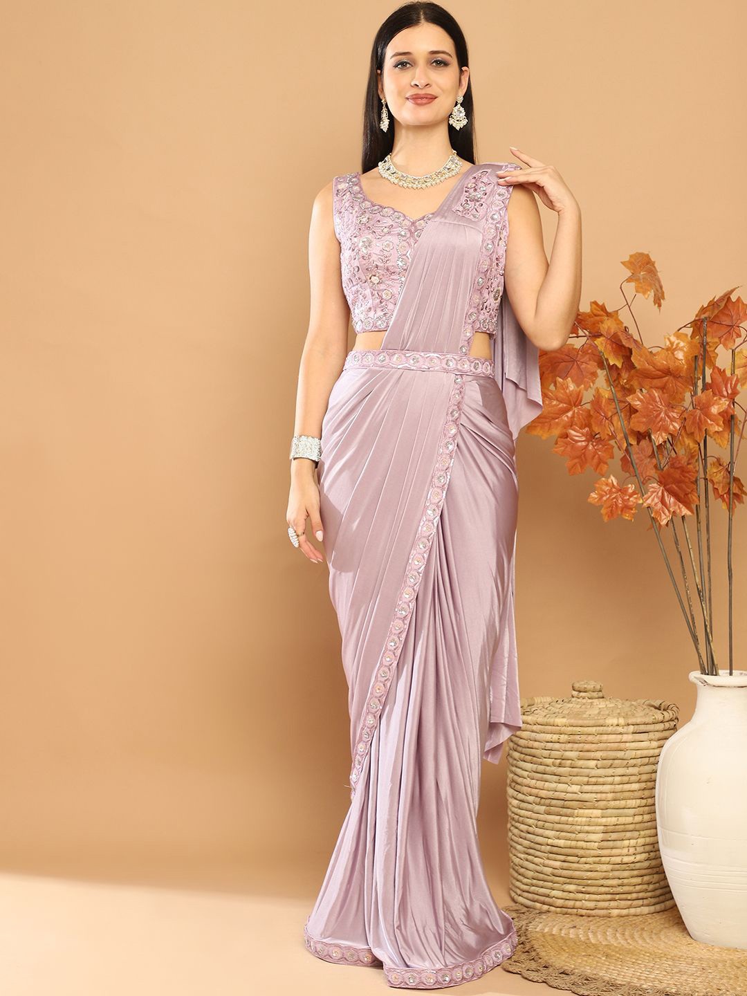 

Grancy Ready to Wear Leheriya Saree With Stitched Blouse, Mauve