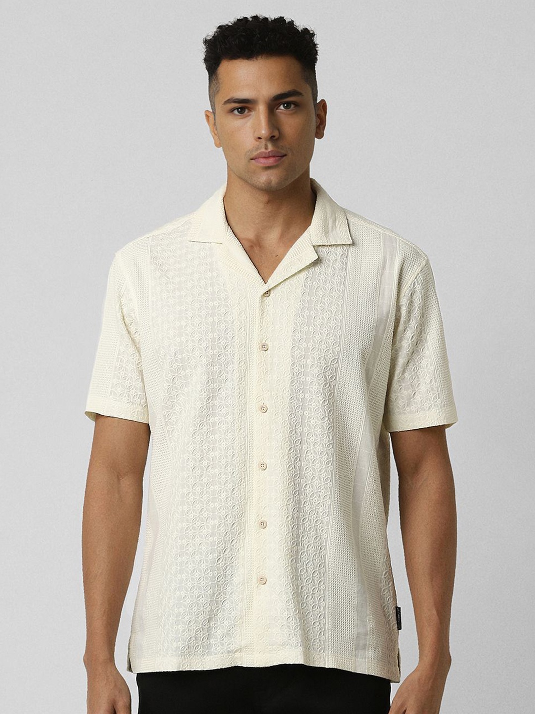 

V Dot Men Cuban Collar Textured Cotton Casual Shirt, Cream