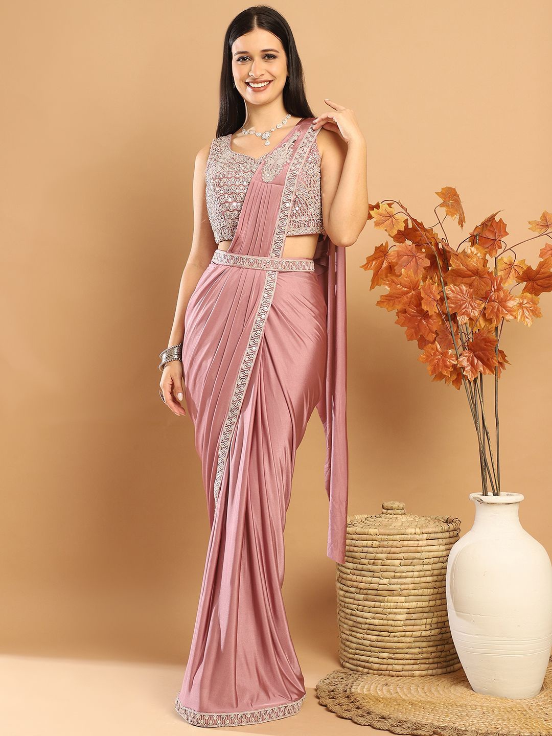 

Grancy Women Sequinned Ready to Wear Solid Leheriya Saree, Mauve