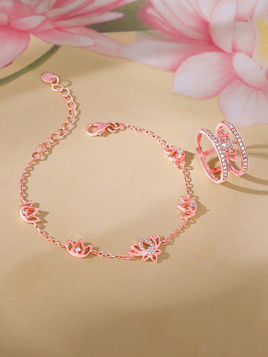 

GIVA 925 Sterling Silver Rose Gold-Plated CZ-Studded Bracelet and Ring