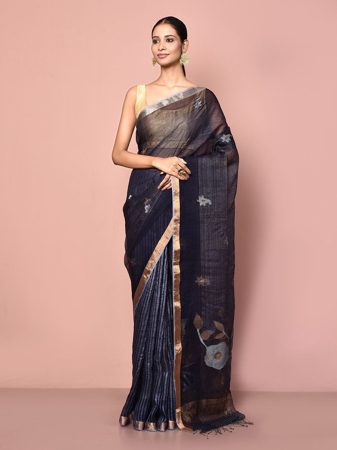 

Nazaakat by Samara Singh Floral Zari Pure Silk Saree, Blue