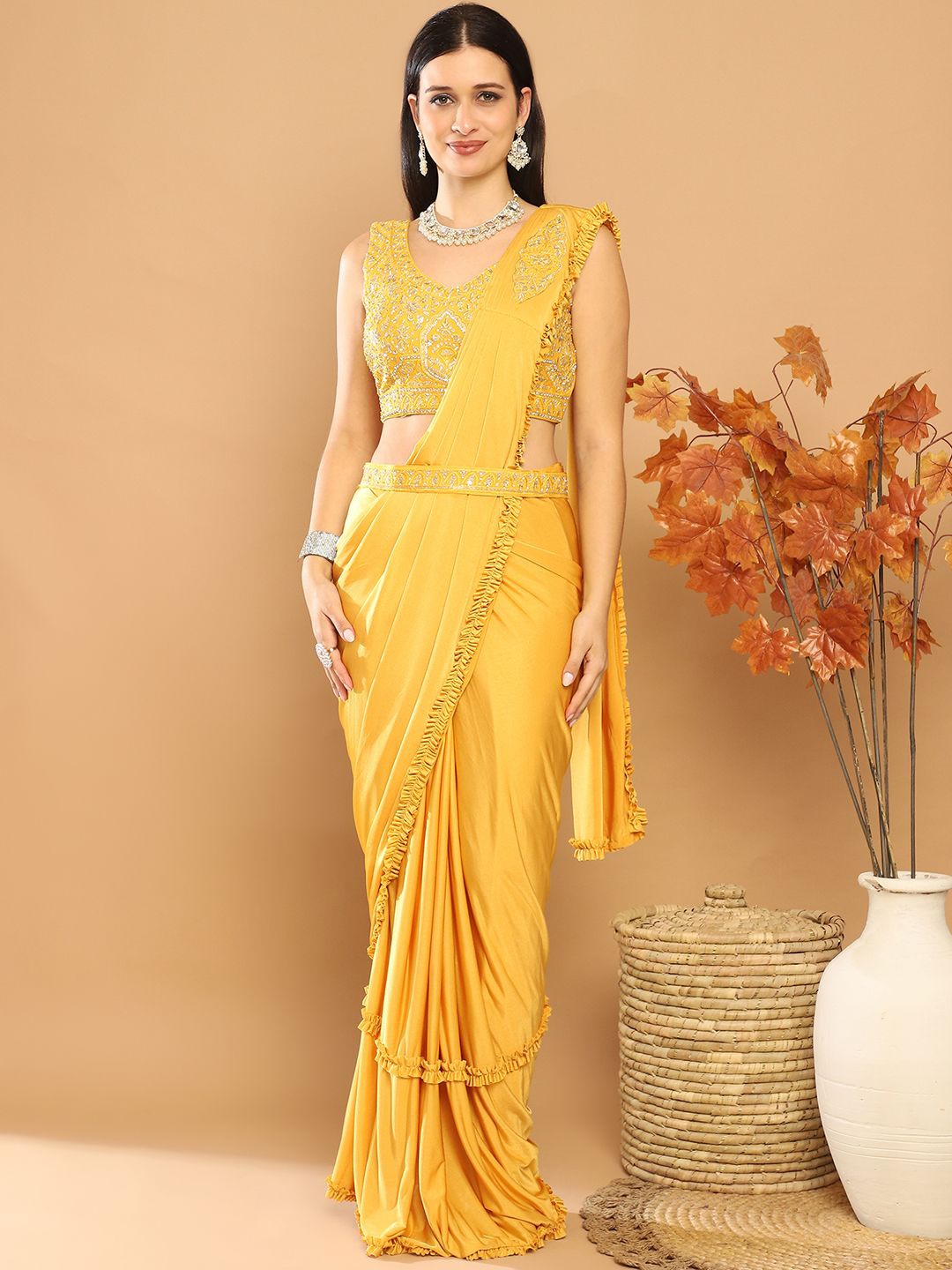 

Grancy Ready to Wear Leheriya Saree With Stitched Blouse, Yellow