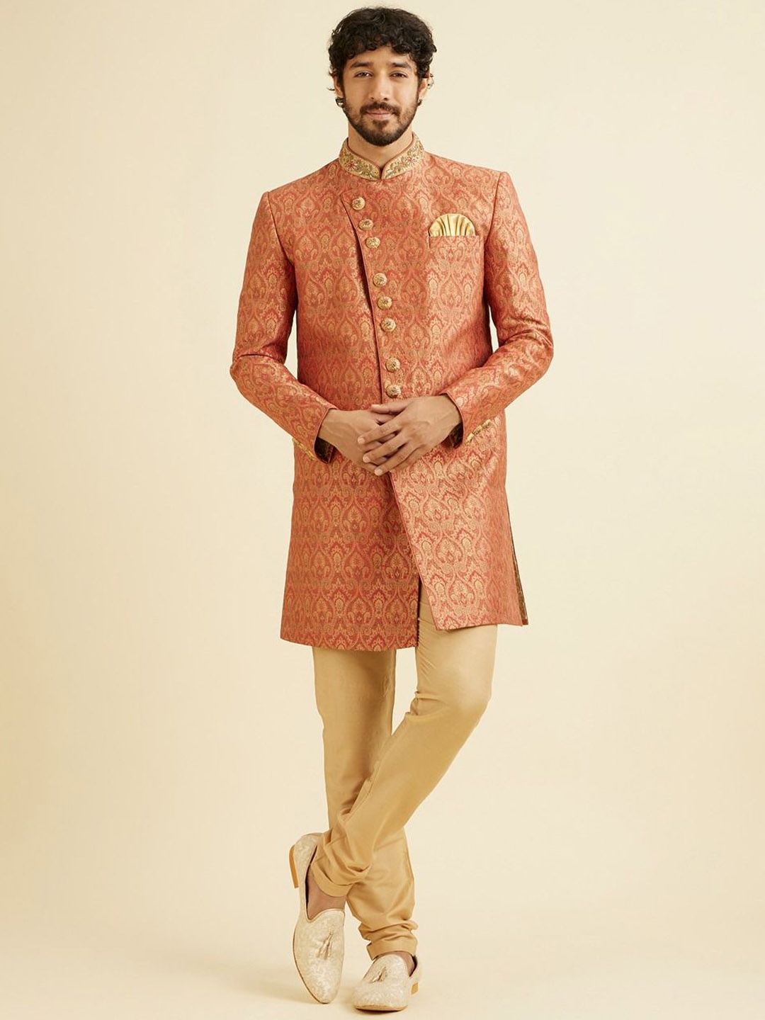 

Manyavar Men Embroidered Indo Western Set, Rust