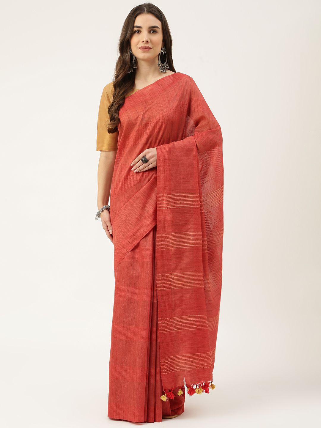 

DECKEDUP Striped Ikat Saree With Blouse Piece, Rust