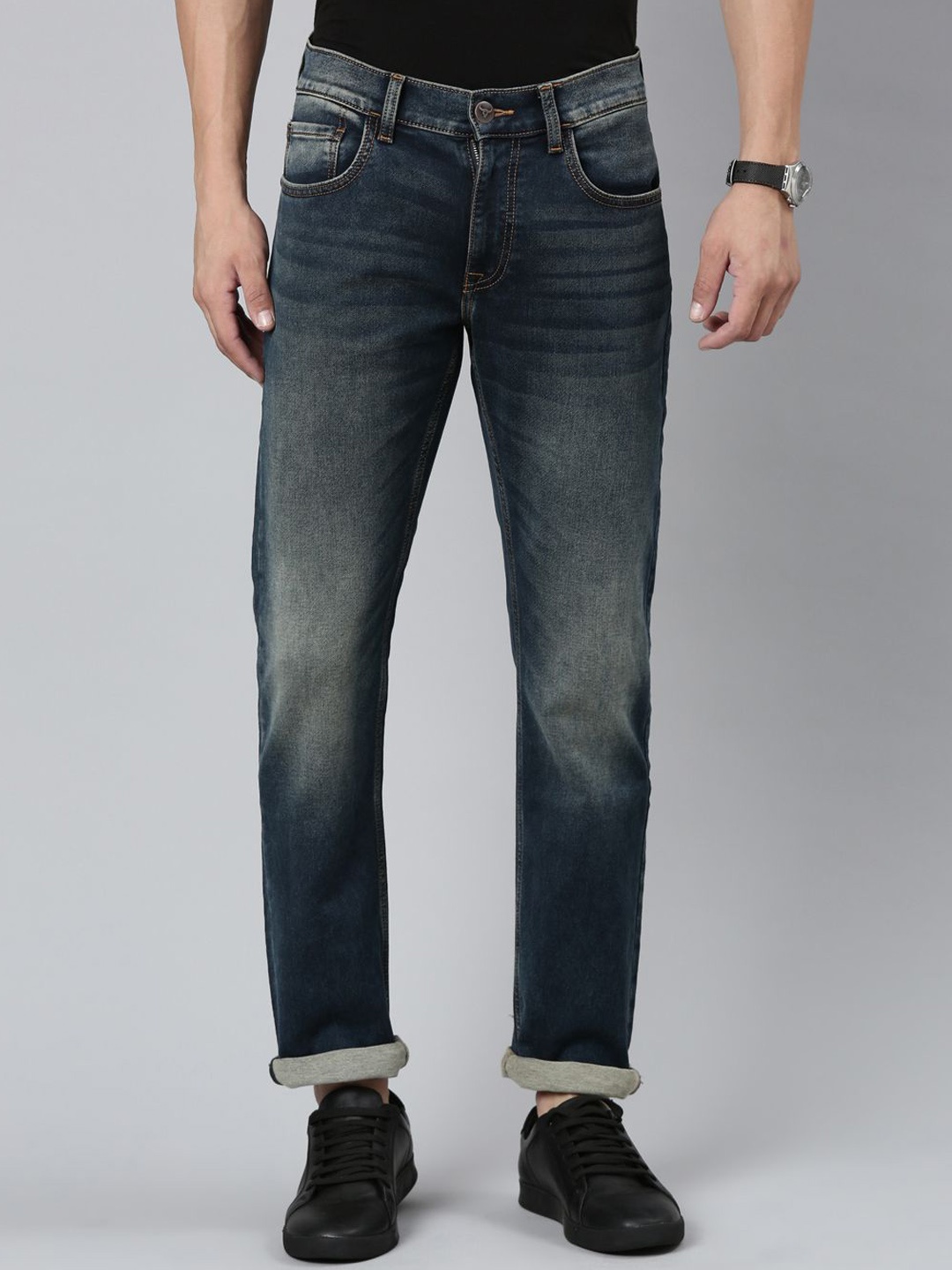

American Bull Men Slim Fit Mid-Rise Heavy Fade Stretchable Jeans, Blue