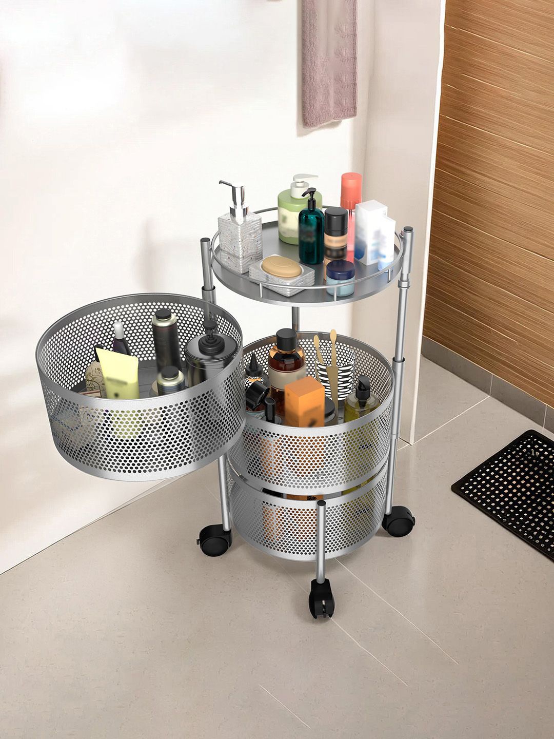 

Kuber Industries Silver Toned 2 Pieces Textured Rotating 3-Tier Multi-Utility Organisers