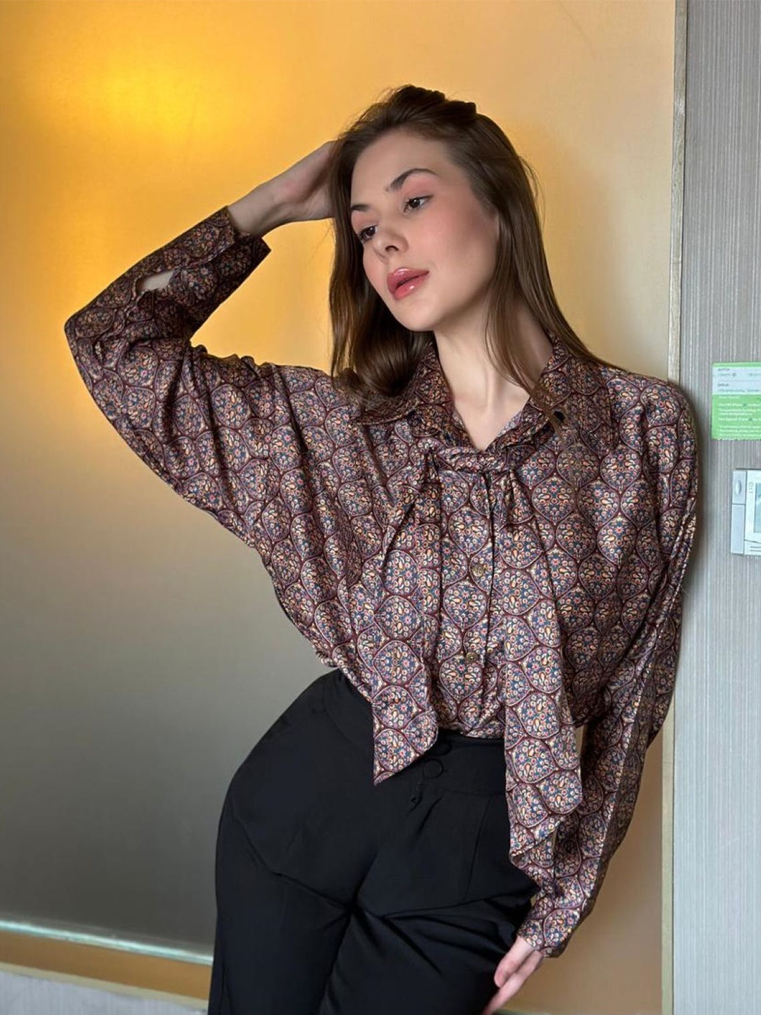 

StyleAsh Women Pack Of 2 Spread Collar Ethnic Motifs Printed Satin Oversized Casual Shirts, Brown