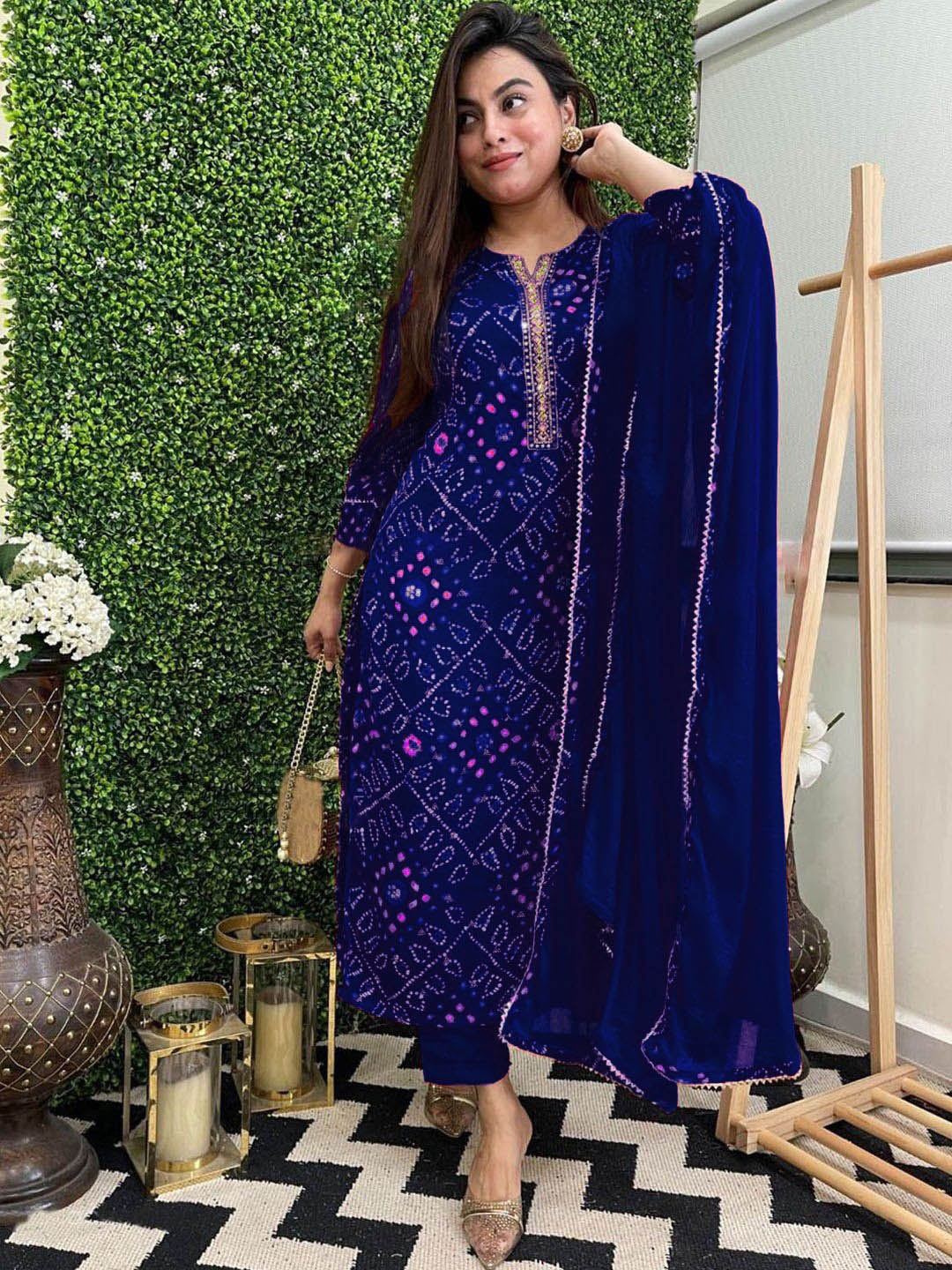 

KALINI Bandhani Printed Kurta With Trousers & Dupatta, Blue