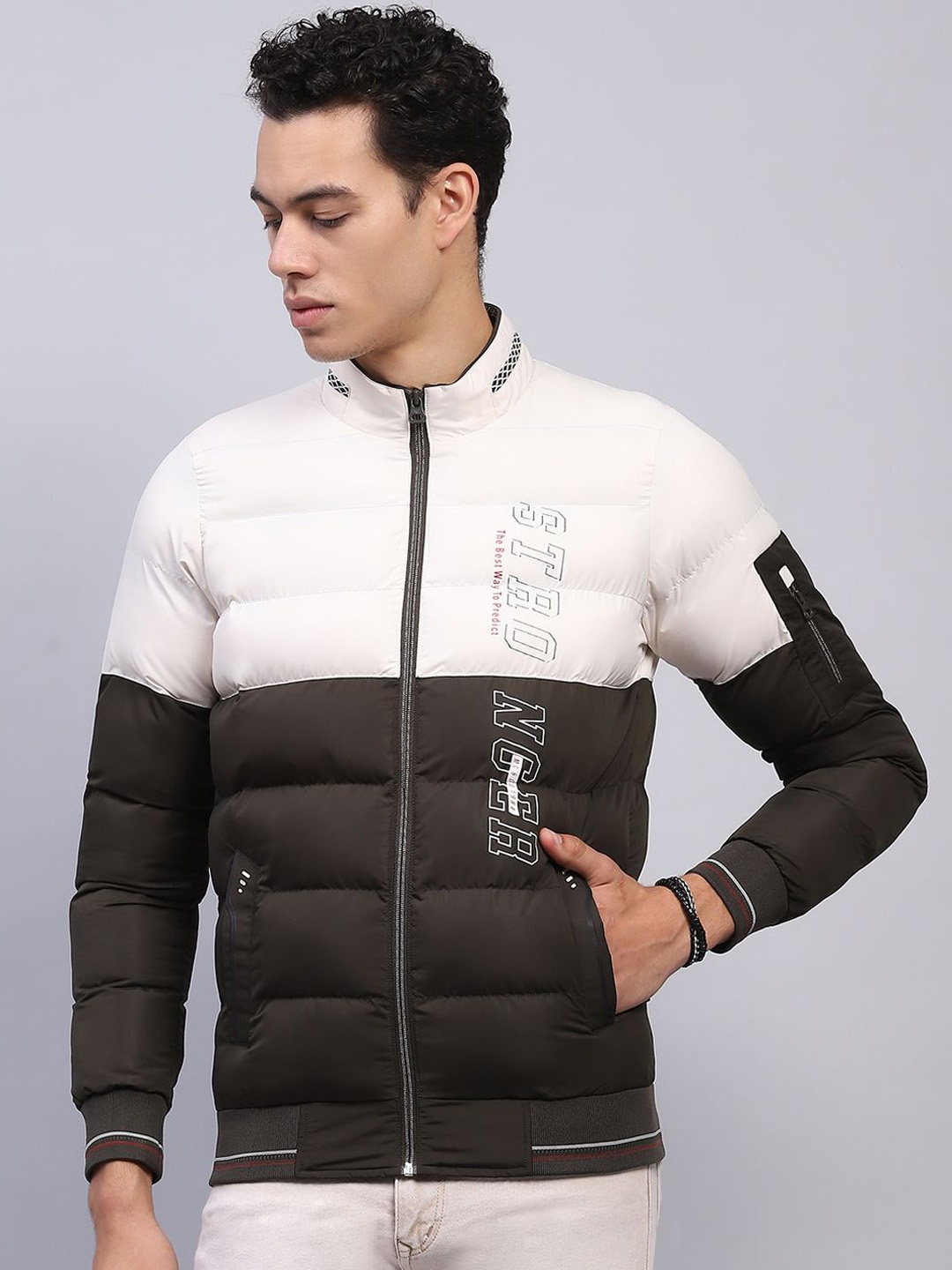 

Monte Carlo Men Mock Collar Colourblocked Casual Puffer Jacket, White