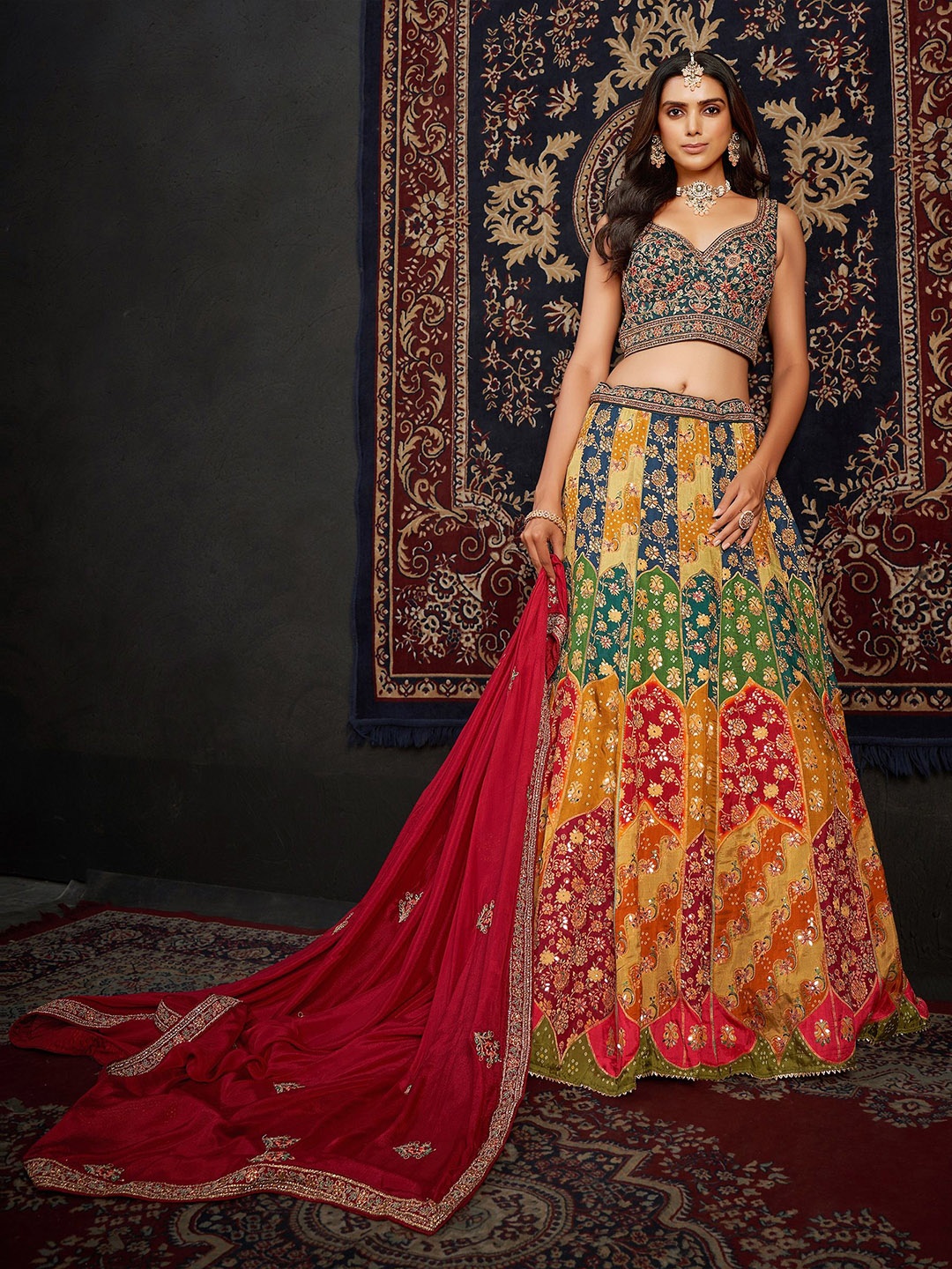 

JMS Studio Embroidered Ready to Wear Lehenga & Blouse With Dupatta, Green