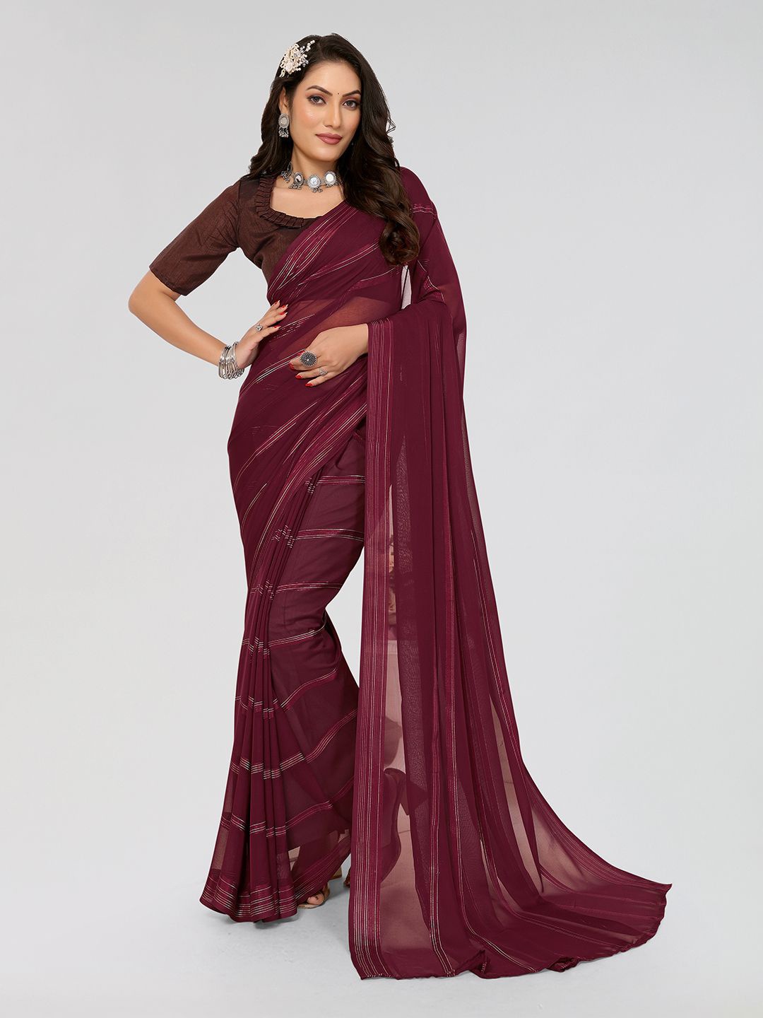 

Moda Rapido Striped Satin Saree, Maroon