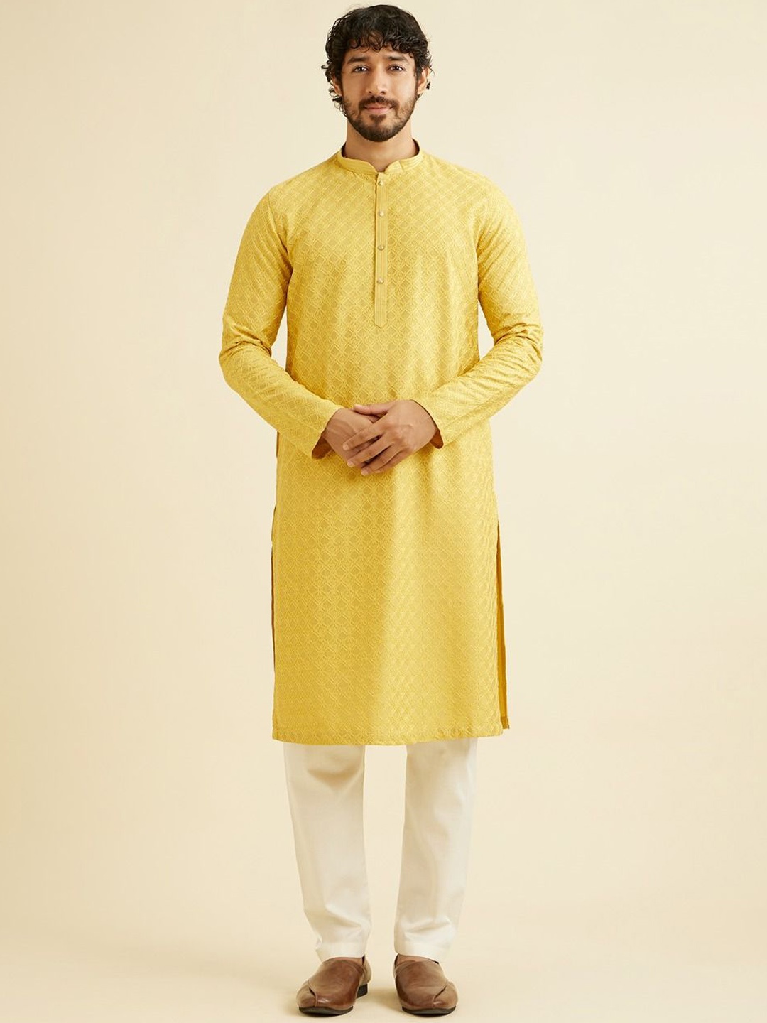 

Manyavar Ethnic Motifs Embroidered Thread Work Mandarin Collar Straight Kurta with Pyjamas, Yellow