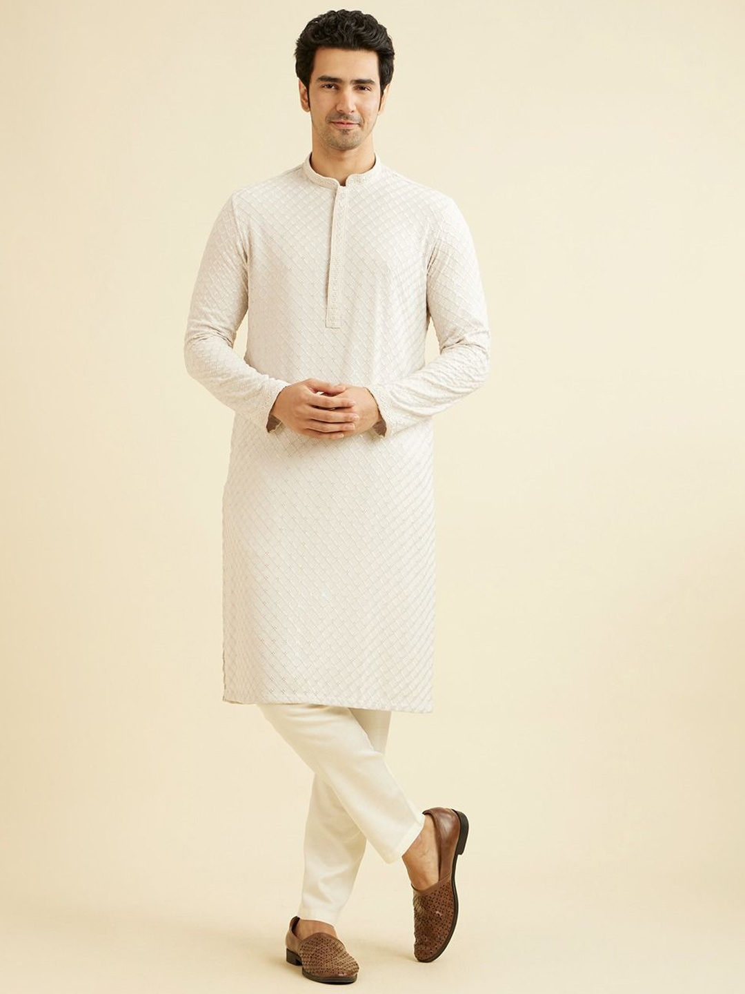 

Manyavar Men Embroidered Regular Chikankari Kurta with Pyjamas, Grey