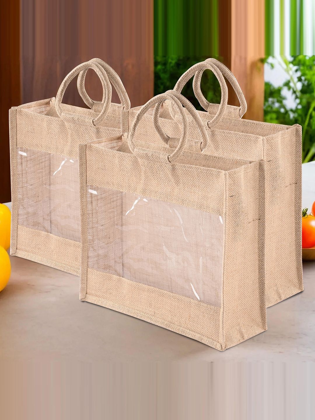

Kuber Industries Unisex Pack Of 3 Textured Shopper Tote Bags, Beige