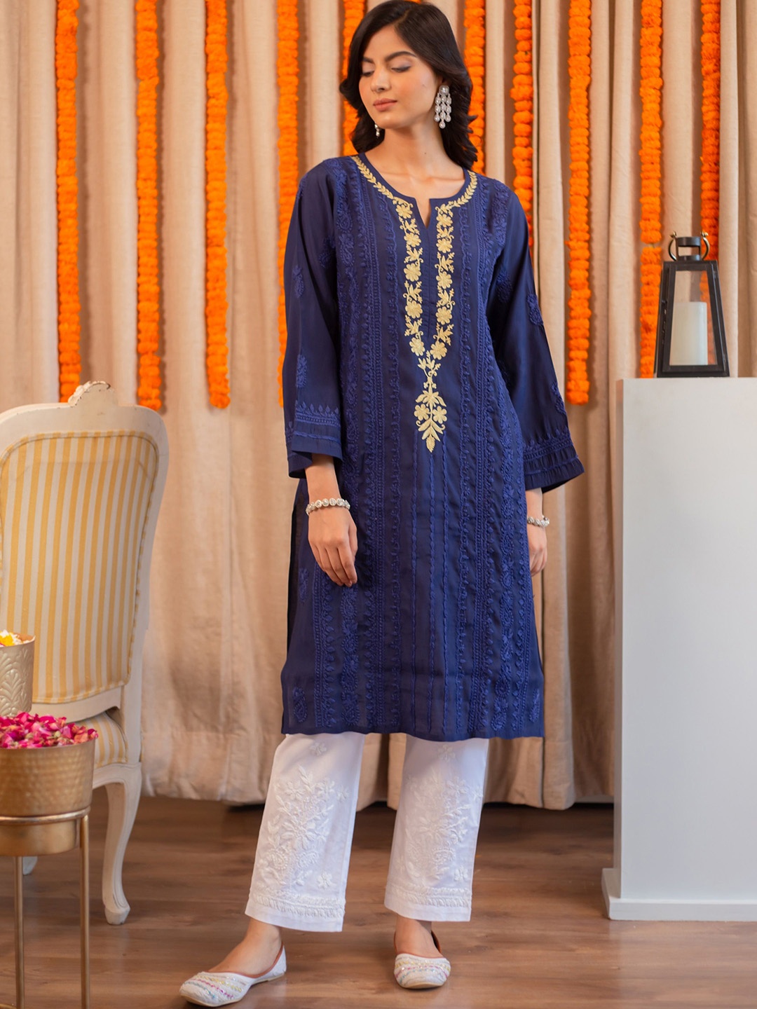 

HOUSE OF KARI Women Chikankari Muslin Kurta with Zari Work, Blue