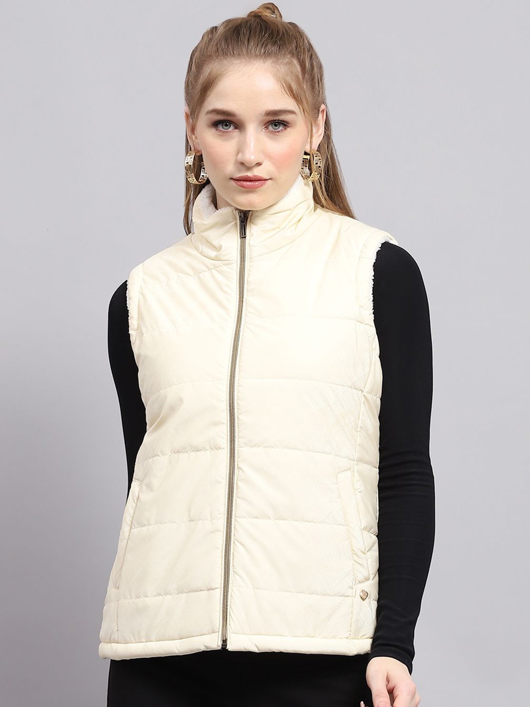

Monte Carlo Women Mock Collar Solid Casual Padded Jacket, Off white