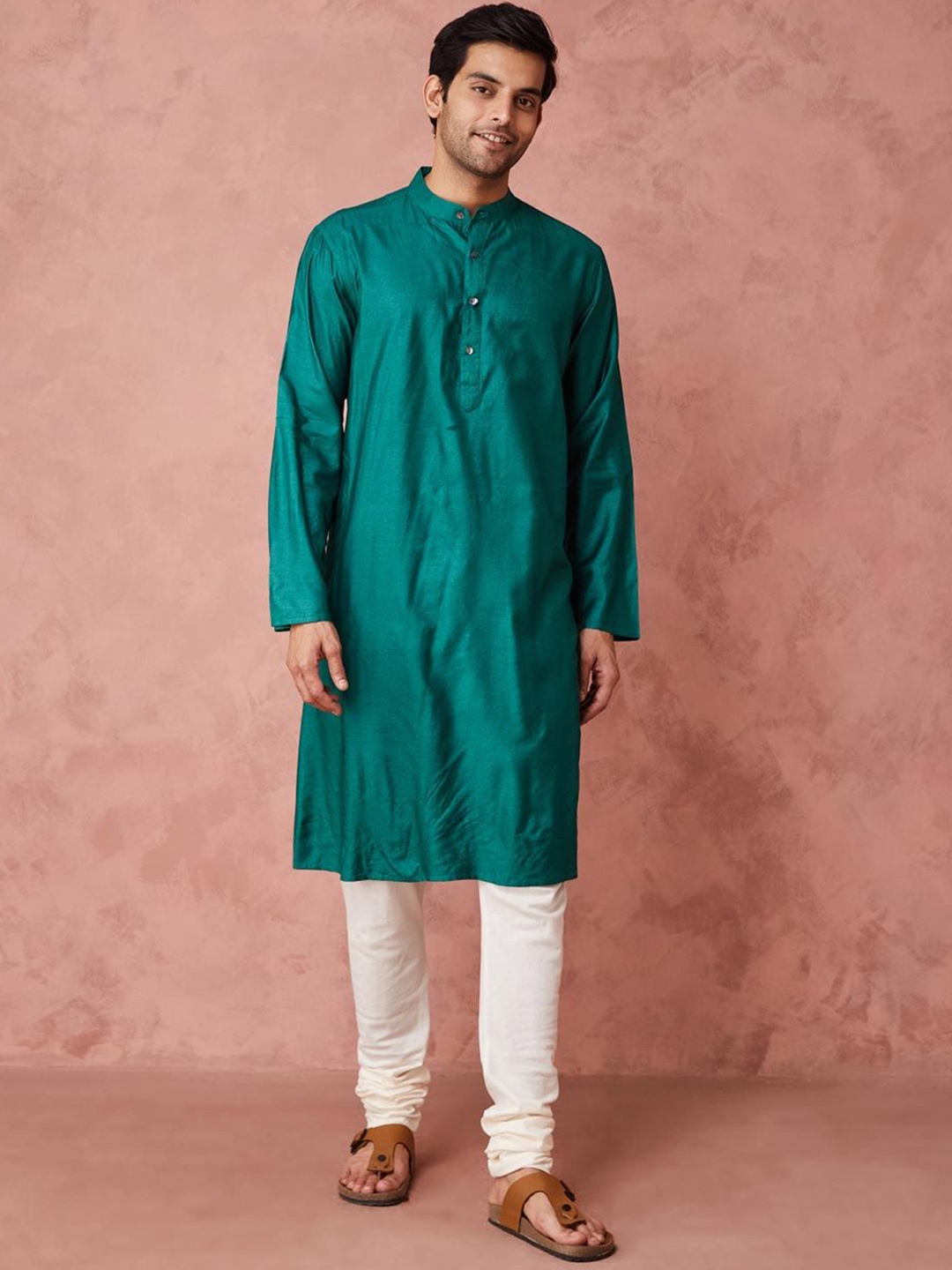 

Fabindia Comfort Fit Band Collar Silk Straight Kurta, Teal