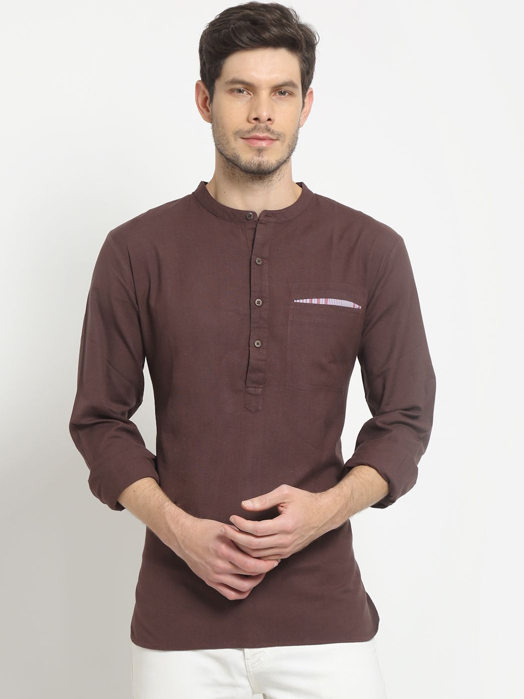 

Ekmatra Mandarin Collar Pure Cotton Short Kurta, Brown