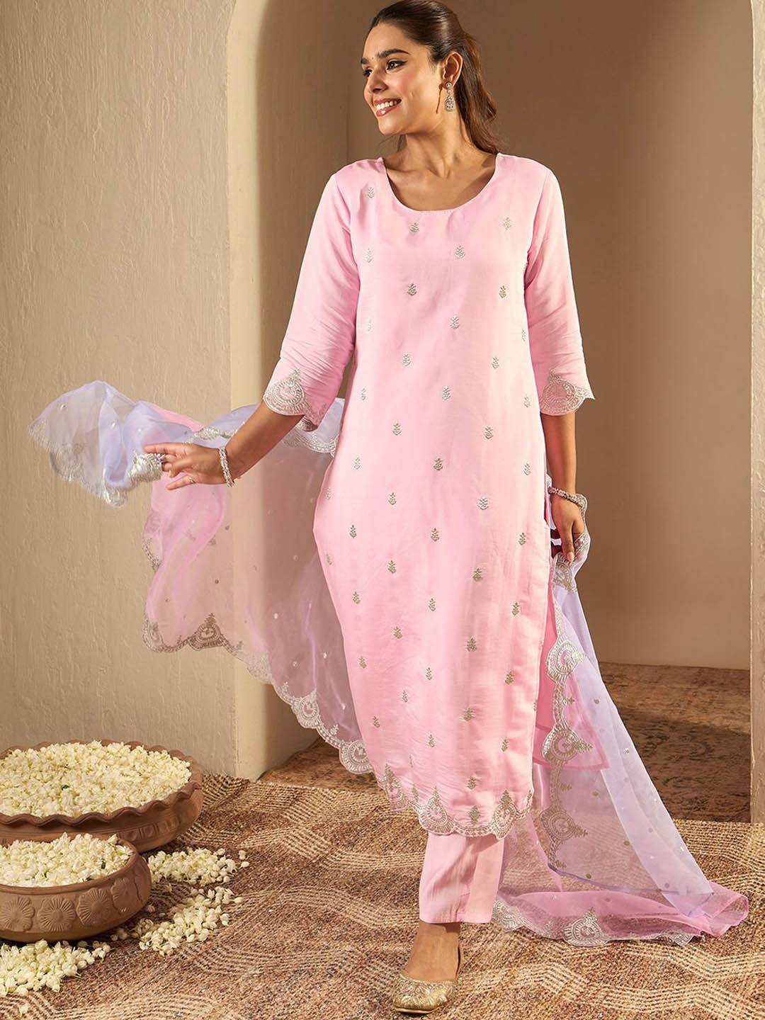 

Indo Era Ethnic Motifs Embroidered Straight Kurta With Trousers & Dupatta, Pink