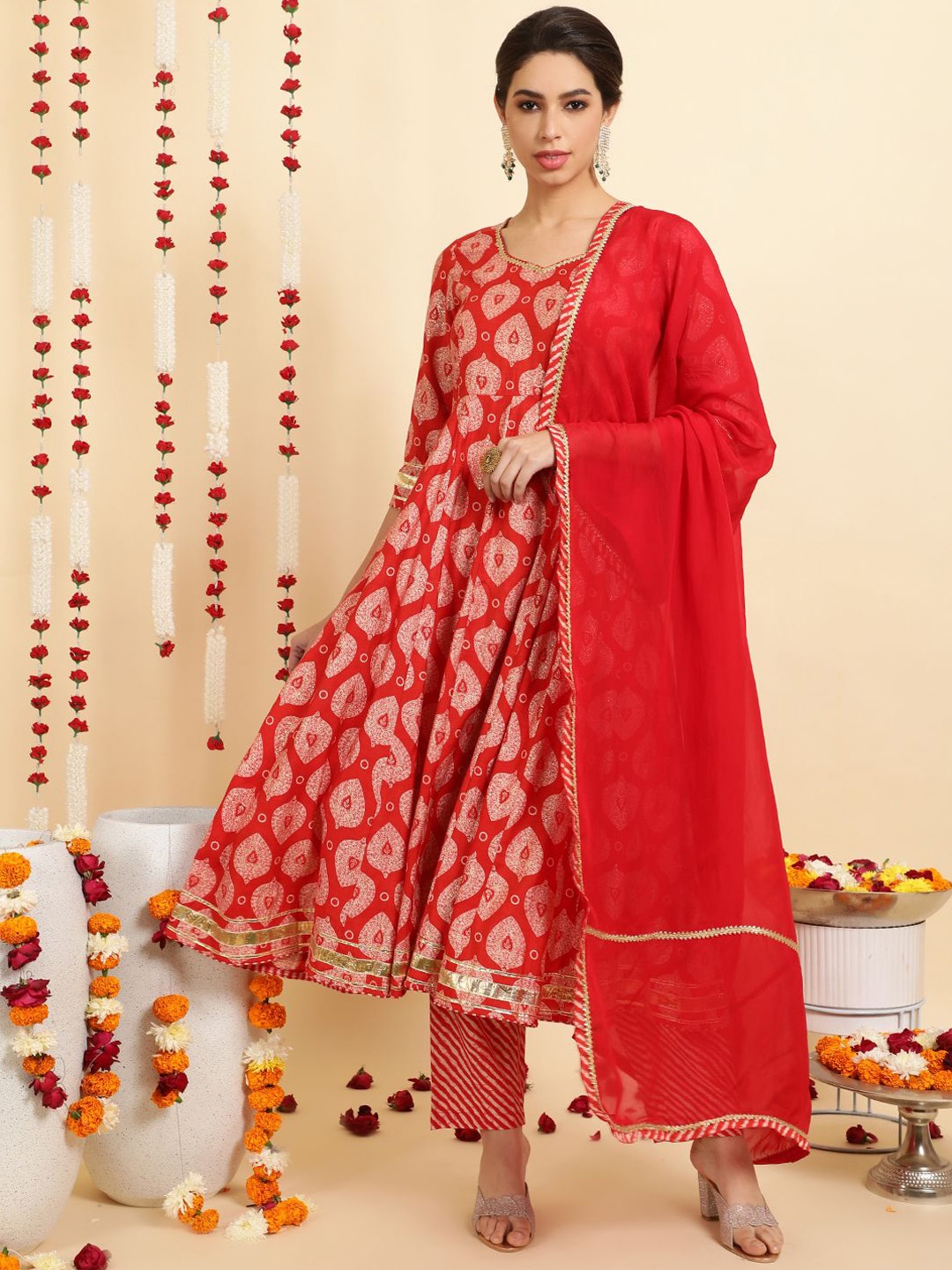 

Jaipur Kurti Ethnic Motifs Printed Anarkali Kurta With Trousers & Dupatta, Red