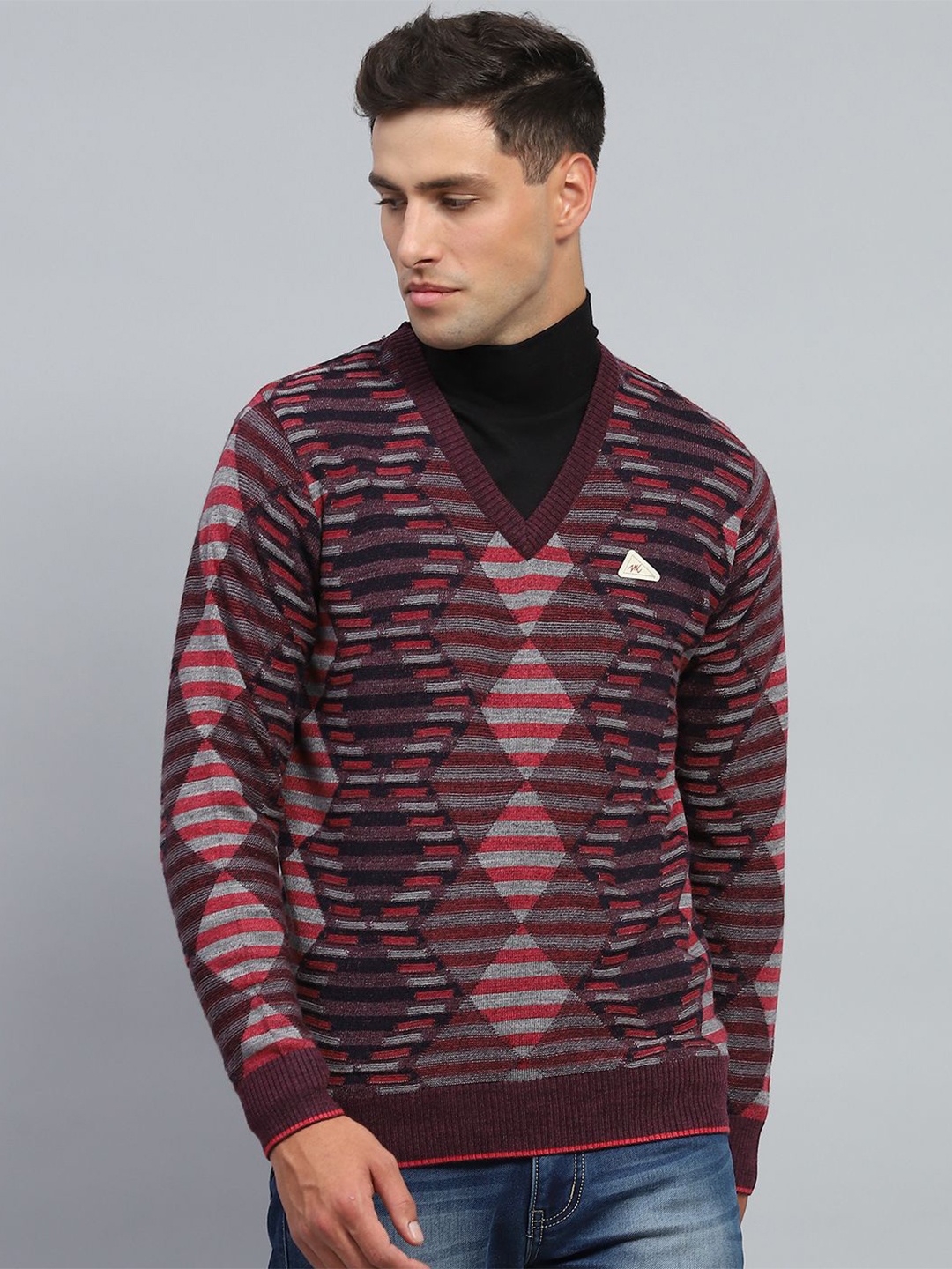 

Monte Carlo Men Striped Woollen Pullover, Maroon