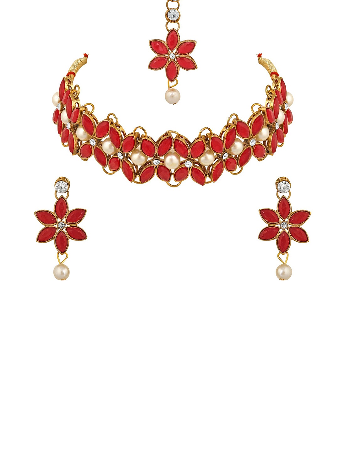 

Stefan Gold Plated Kundan Studded & Beaded Floral Traditional Choker Jewellery Set