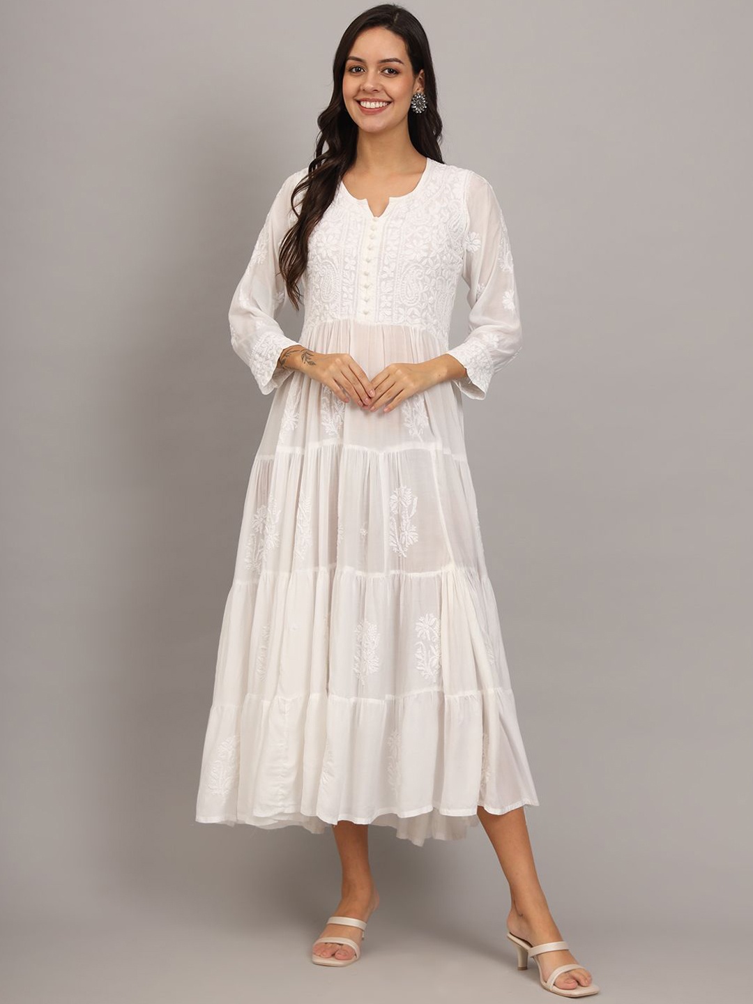 

The Chikan Label Floral Embroidered Cotton Silk A-Line Ethnic Dresse, White