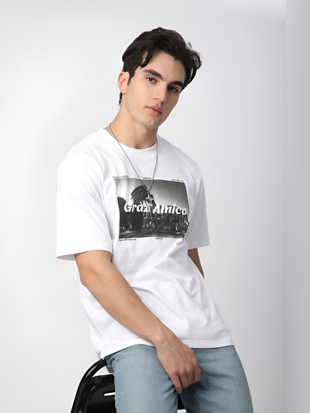 

R&B Men Graphic Printed Round Neck Cotton Relaxed Fit T-shirt, White