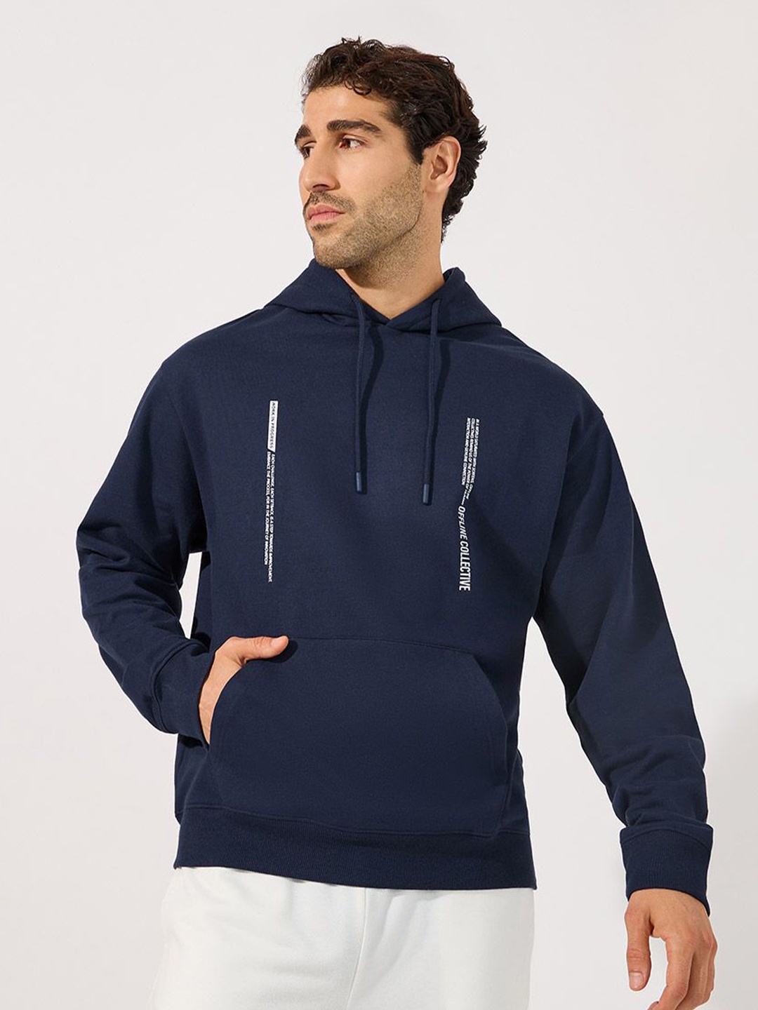 

Styli Men Minimal Front Statement Print Relaxed Fit Hoodie, Navy blue