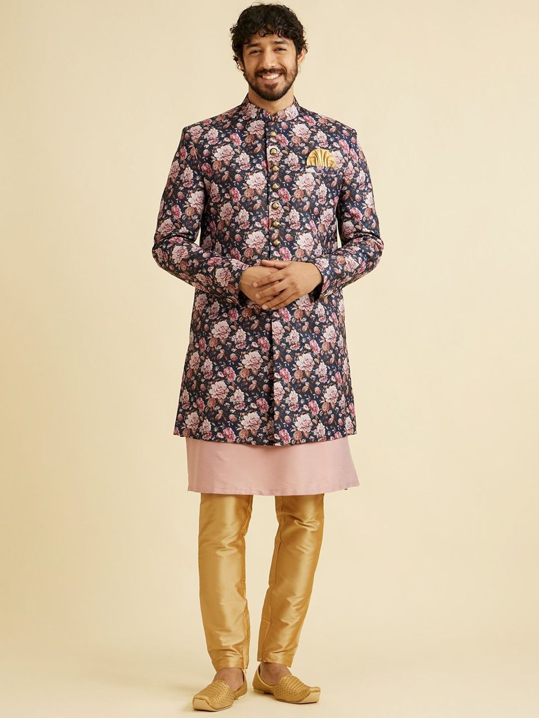 

Manyavar Men Floral Printed Sherwani Set, Blue