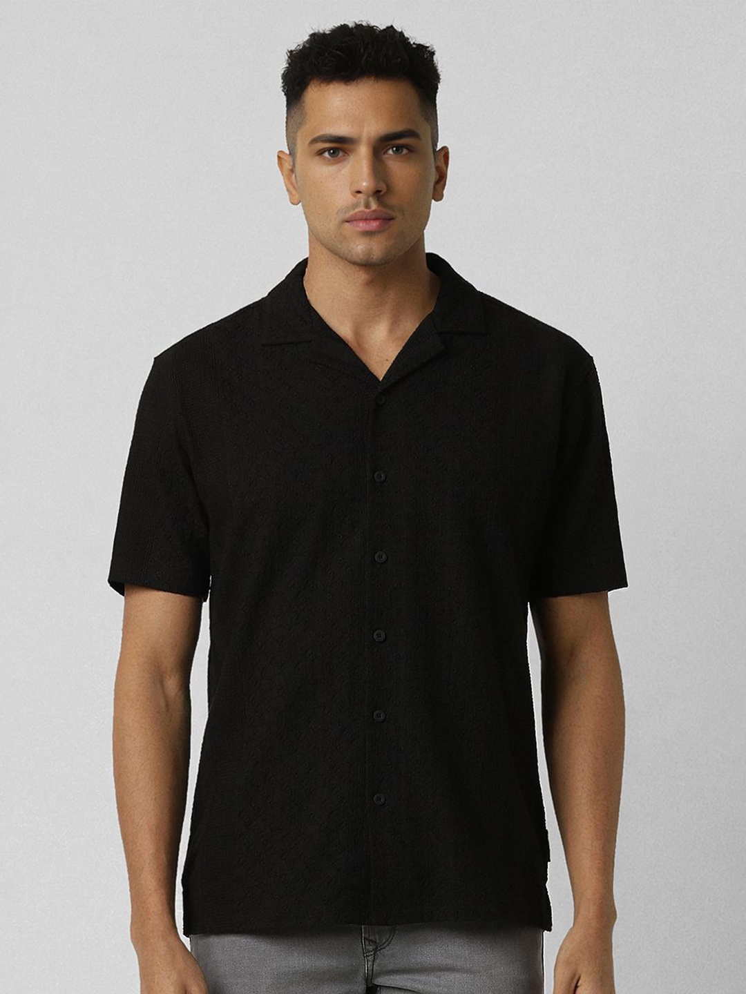

V Dot Men Cuban Collar Textured Cotton Slim Fit Casual Shirt, Black