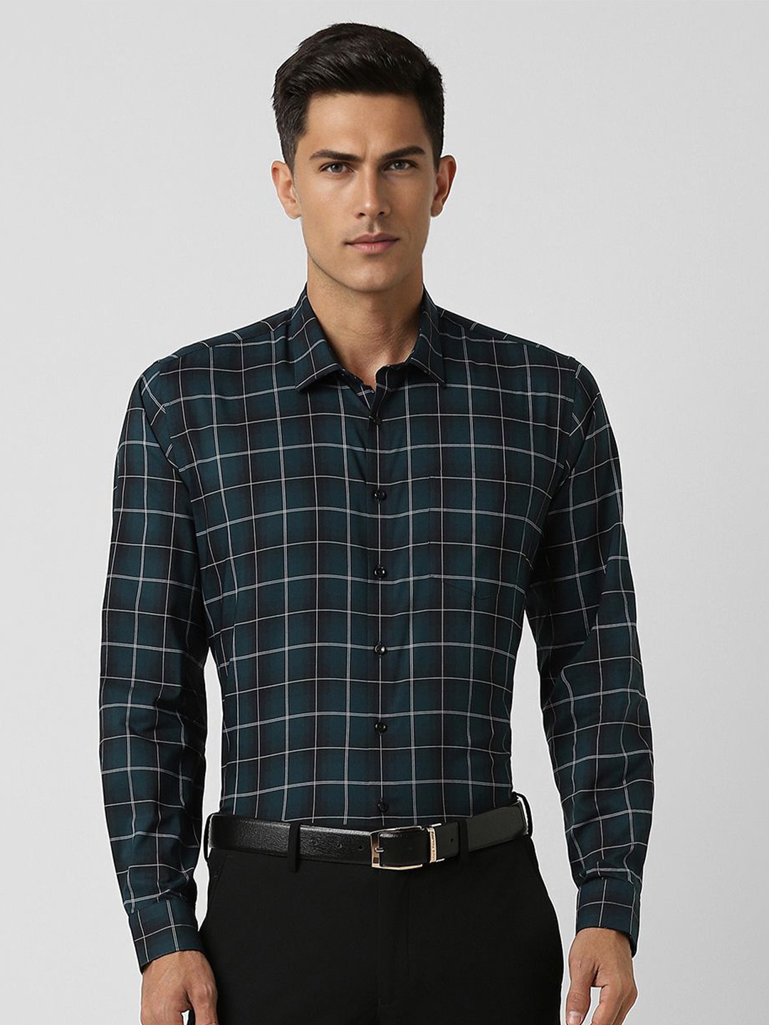

Van Heusen Men Spread Collar Checked Cotton Slim Fit Formal Shirt, Olive