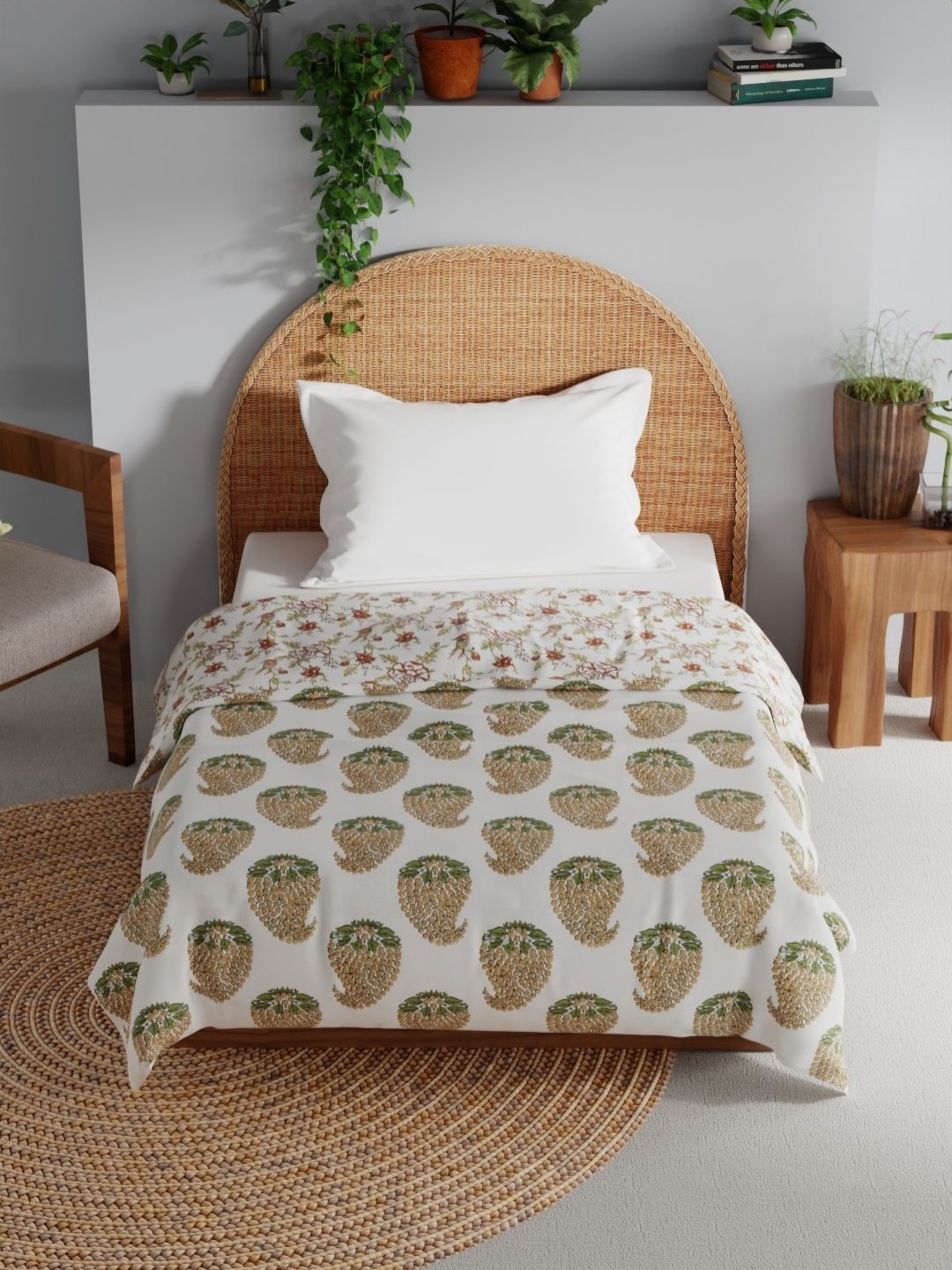 

BIANCA Mezzo White & Orange Floral Printed Pure Cotton AC Room 150 GSM Single Bed Dohar