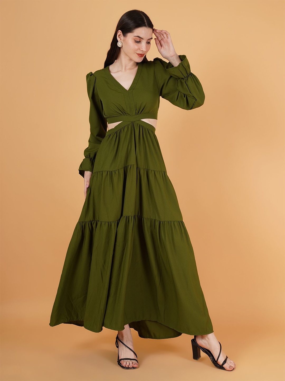 

Parona Women Bishop Sleeve Crepe Formal Maxi Dress, Olive