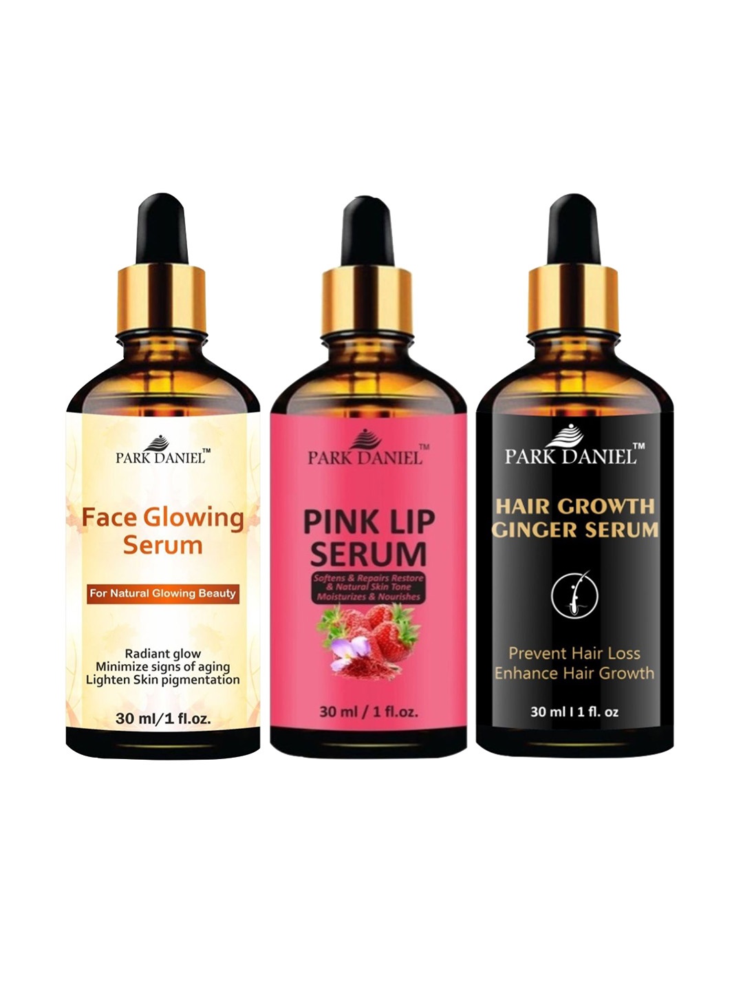 

Park Daniel Set Of 3 Face Glowing , Pink Lip & Hair Growth Ginger Serum - 30 ml Each, White