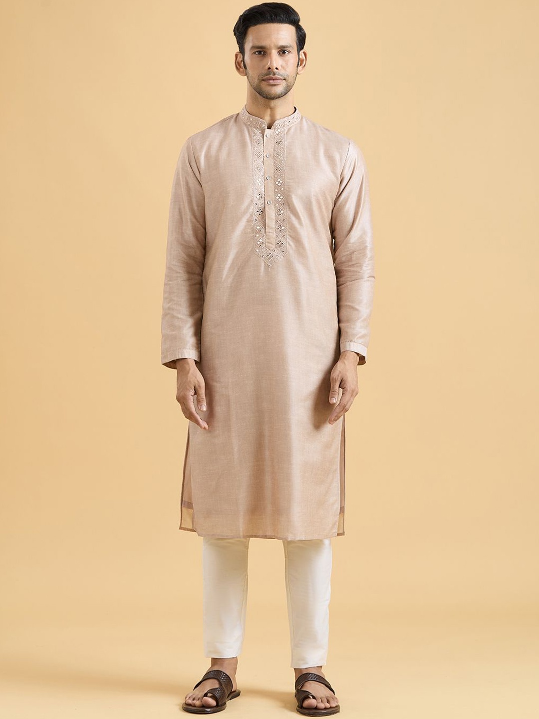 

Aryavir Malhotra Men Embroidered Regular Mirror Work Linen Kurta with Trousers, Brown