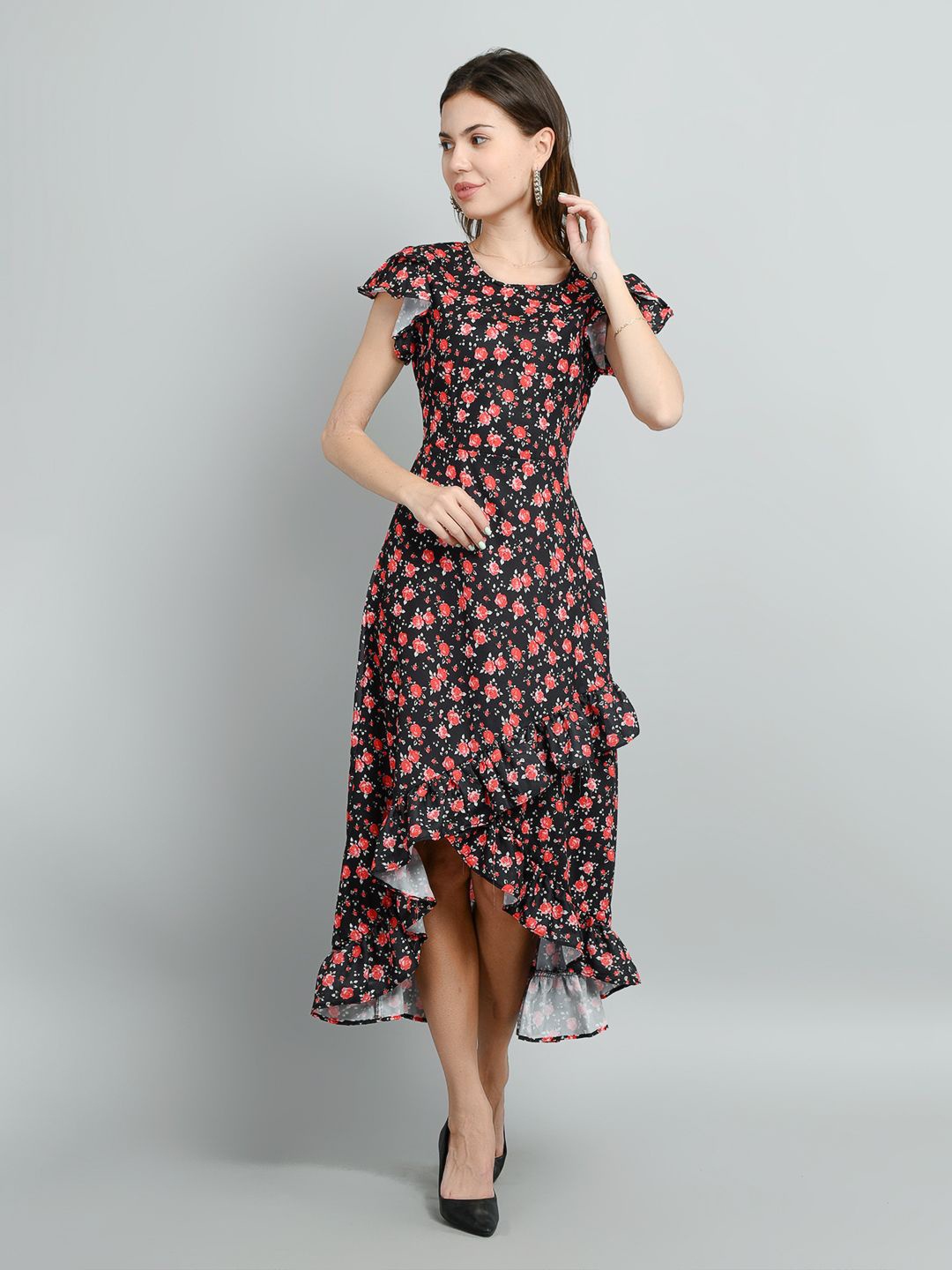 

Parona Women Floral Print Flutter Sleeves A-Line Midi Dress, Black