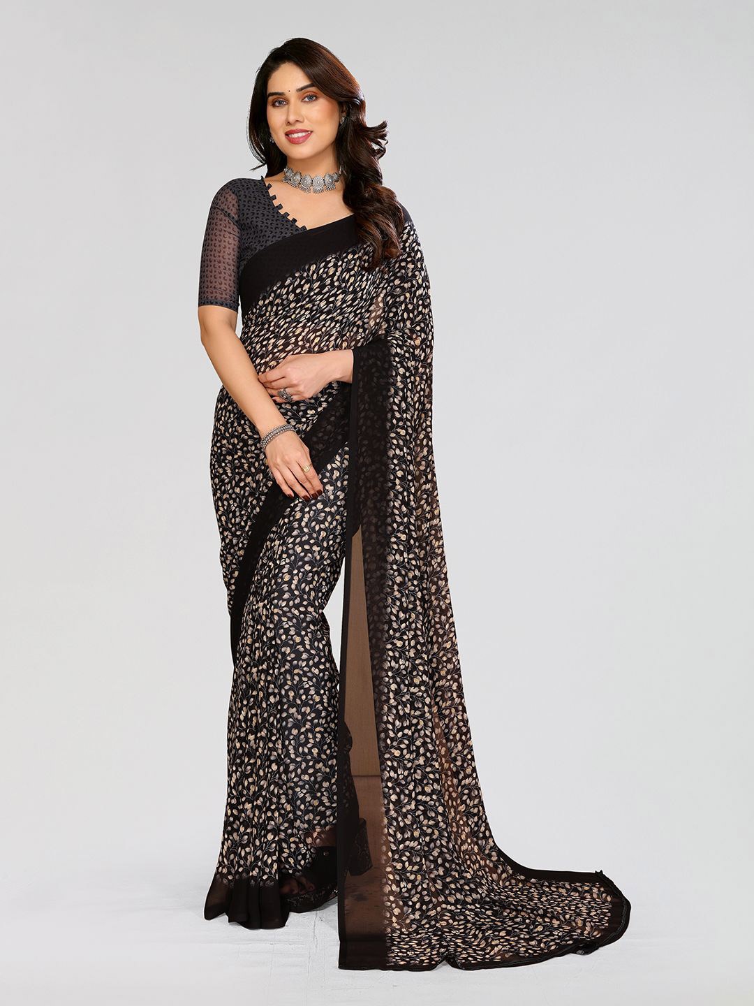 

ANAND SAREES Floral Poly Georgette Saree, Black