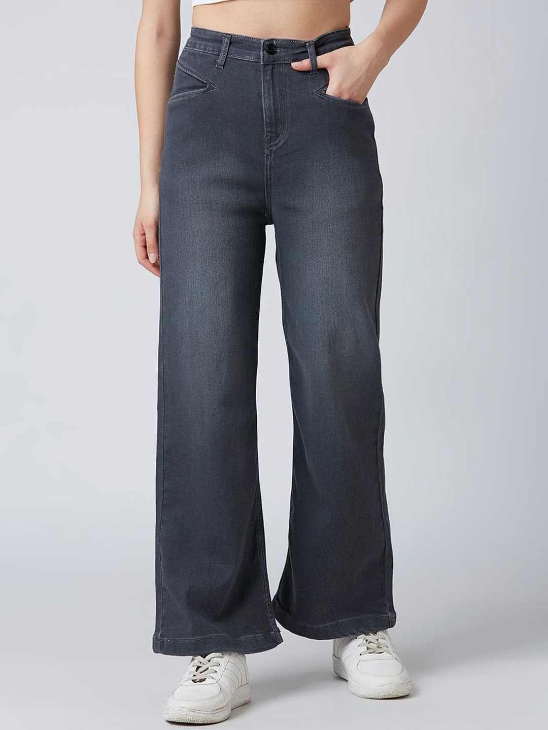

HJ HASASI Women Wide Leg High-Rise Light Fade Stretchable Jeans, Grey