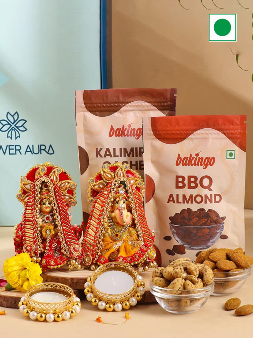 

Floweraura Lord Laxmi Ganesha Idol Showpieces With BBQ Almonds & Kalimirch Cashew, Multi