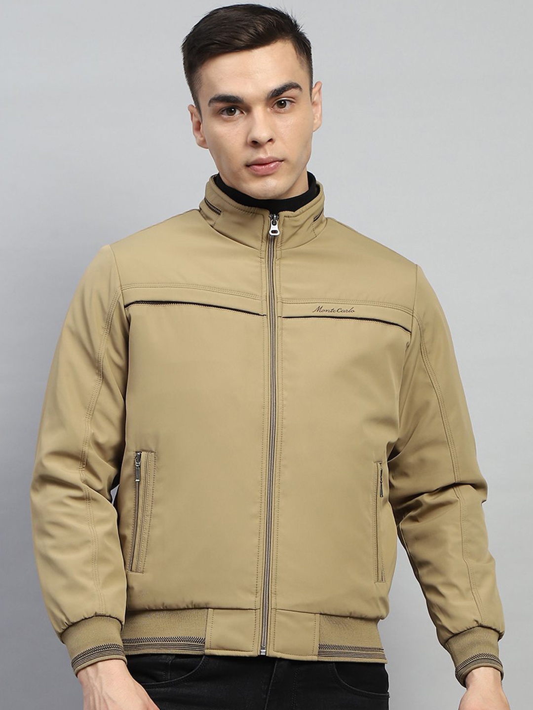 

Monte Carlo Men Mock Collar Solid Casual Bomber Jacket, Beige