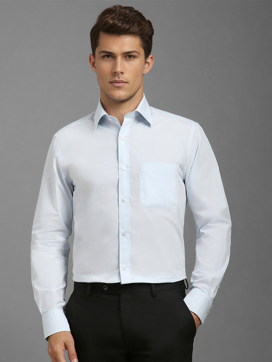 

Louis Philippe Men Classic Spread Collar Solid Cotton Formal Shirt, Blue