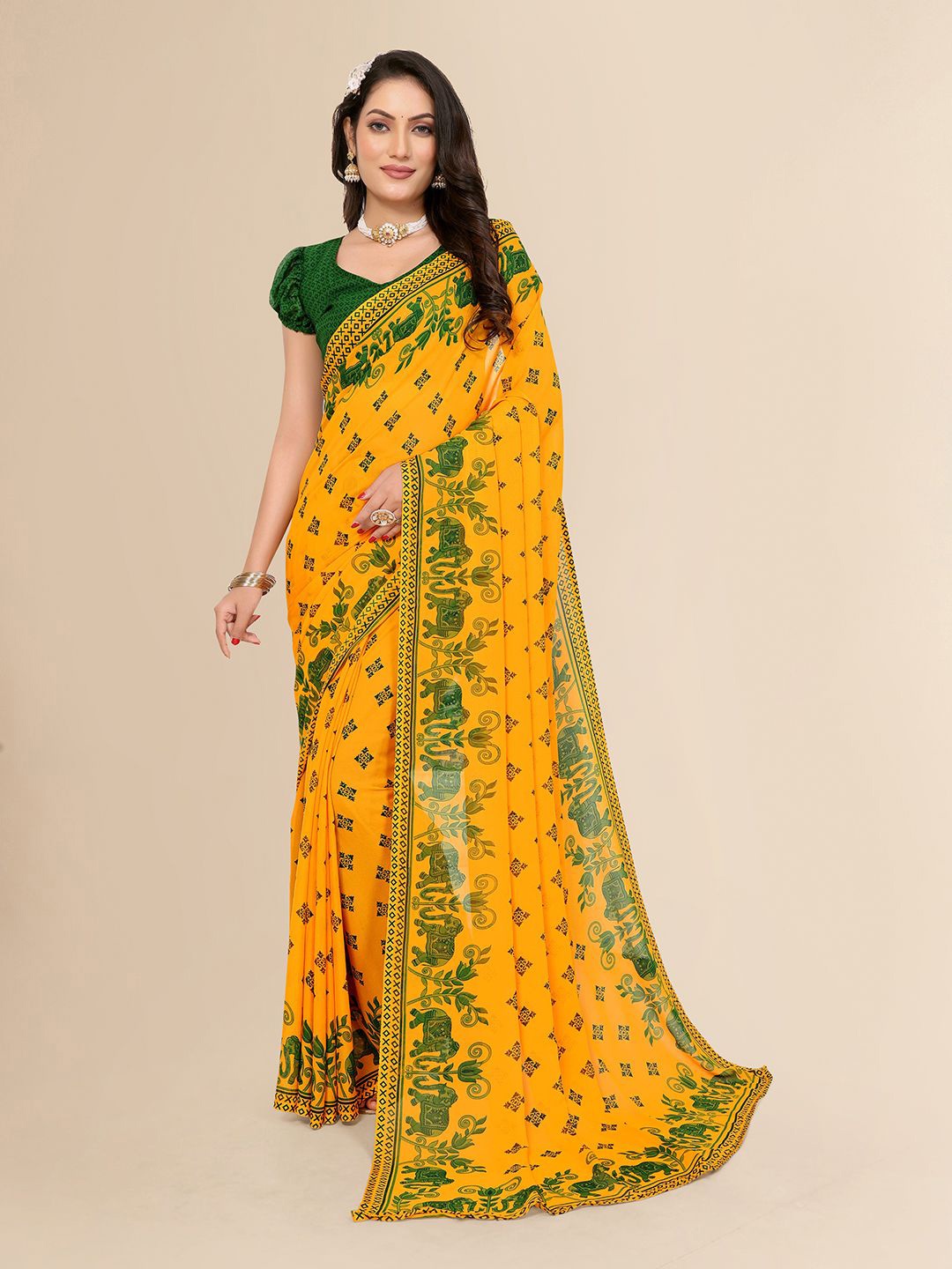 

Moda Rapido Ethnic Motifs Poly Georgette Saree, Yellow